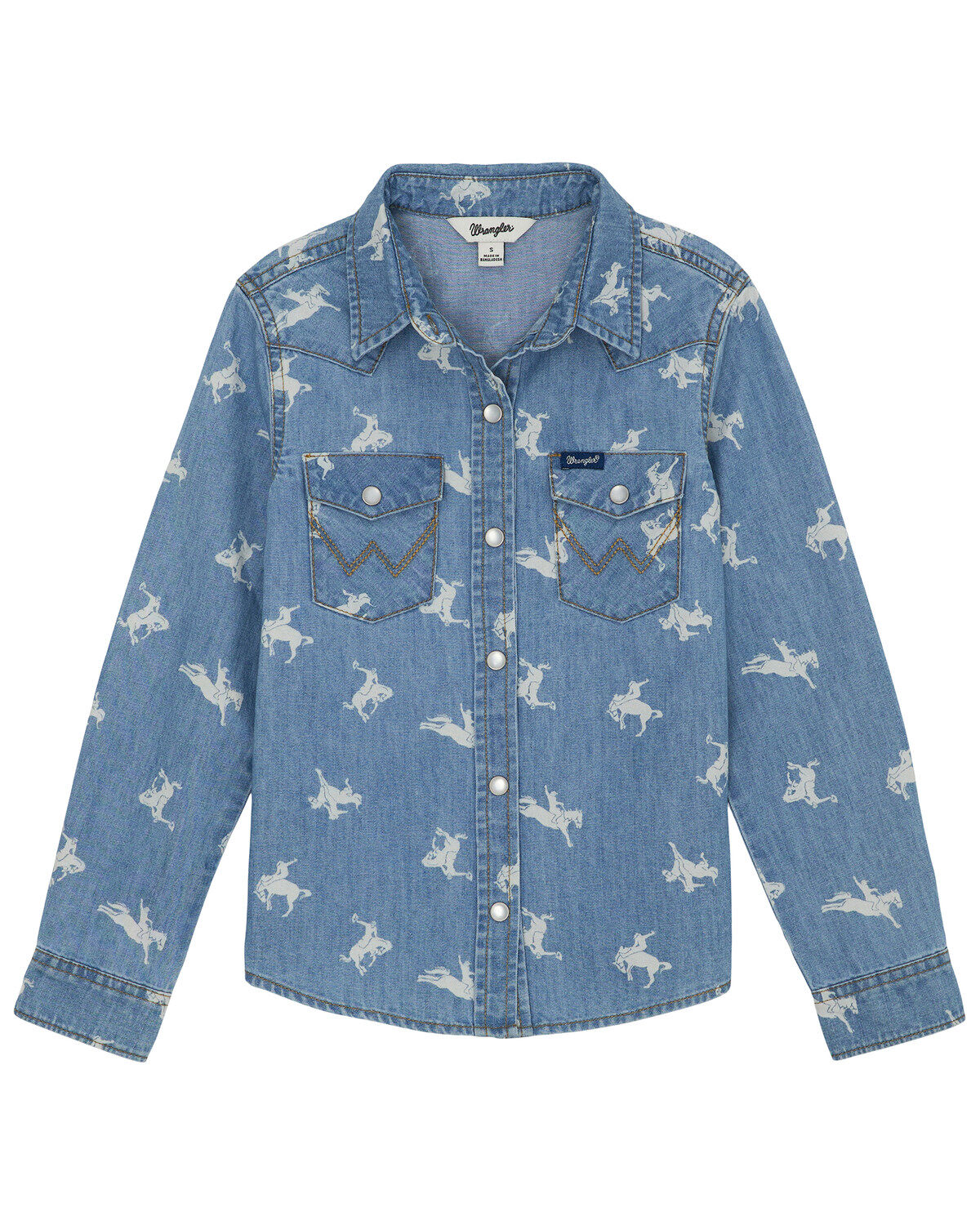 Girls' Wrangler Conversation Print Long Sleeve Snap Denim Western Shir