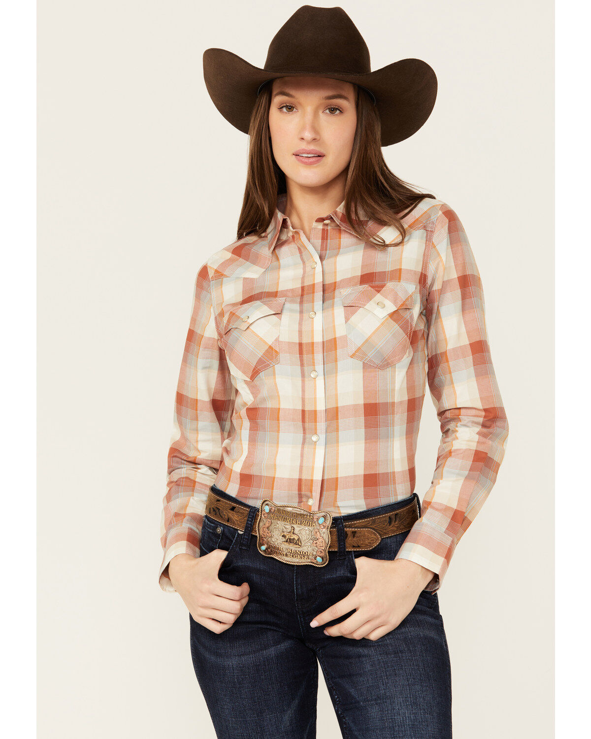 Women's Wrangler Retro Plaid Print Long Sleeve Pearl Snap Western Shir