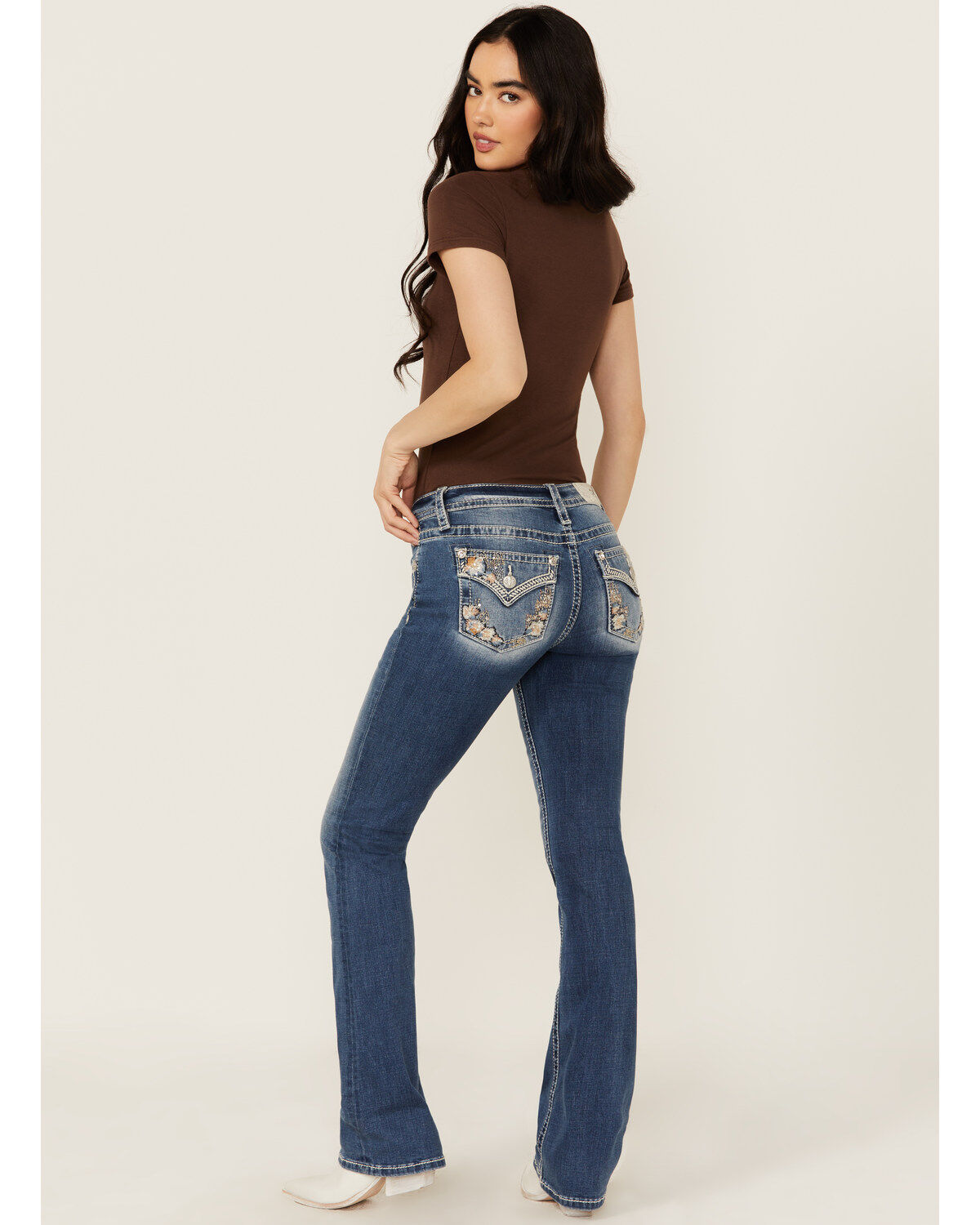 Women's Miss Me Medium Wash Floral Border Pocket Bootcut Stretch Denim