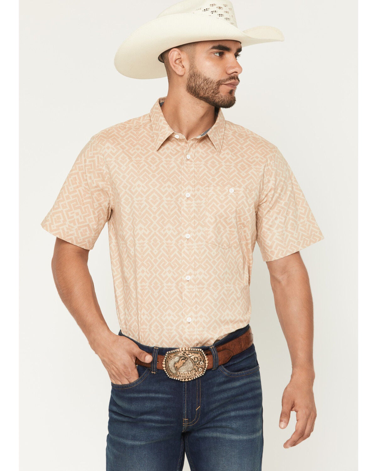 Men's RANK 45 Mustang 2 Geo Print Short Sleeve Button-Down Stretch We