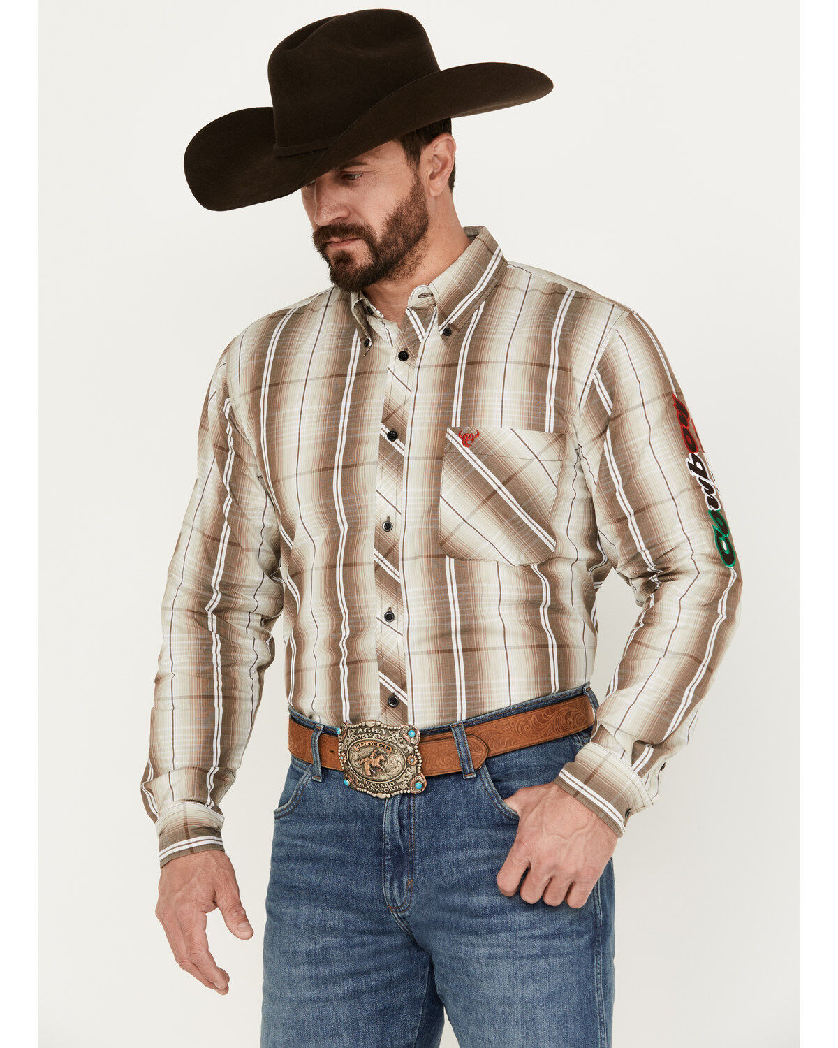 Men's Cowboy Hardware Mexico Gradient Plaid Print Long Sleeve Button D