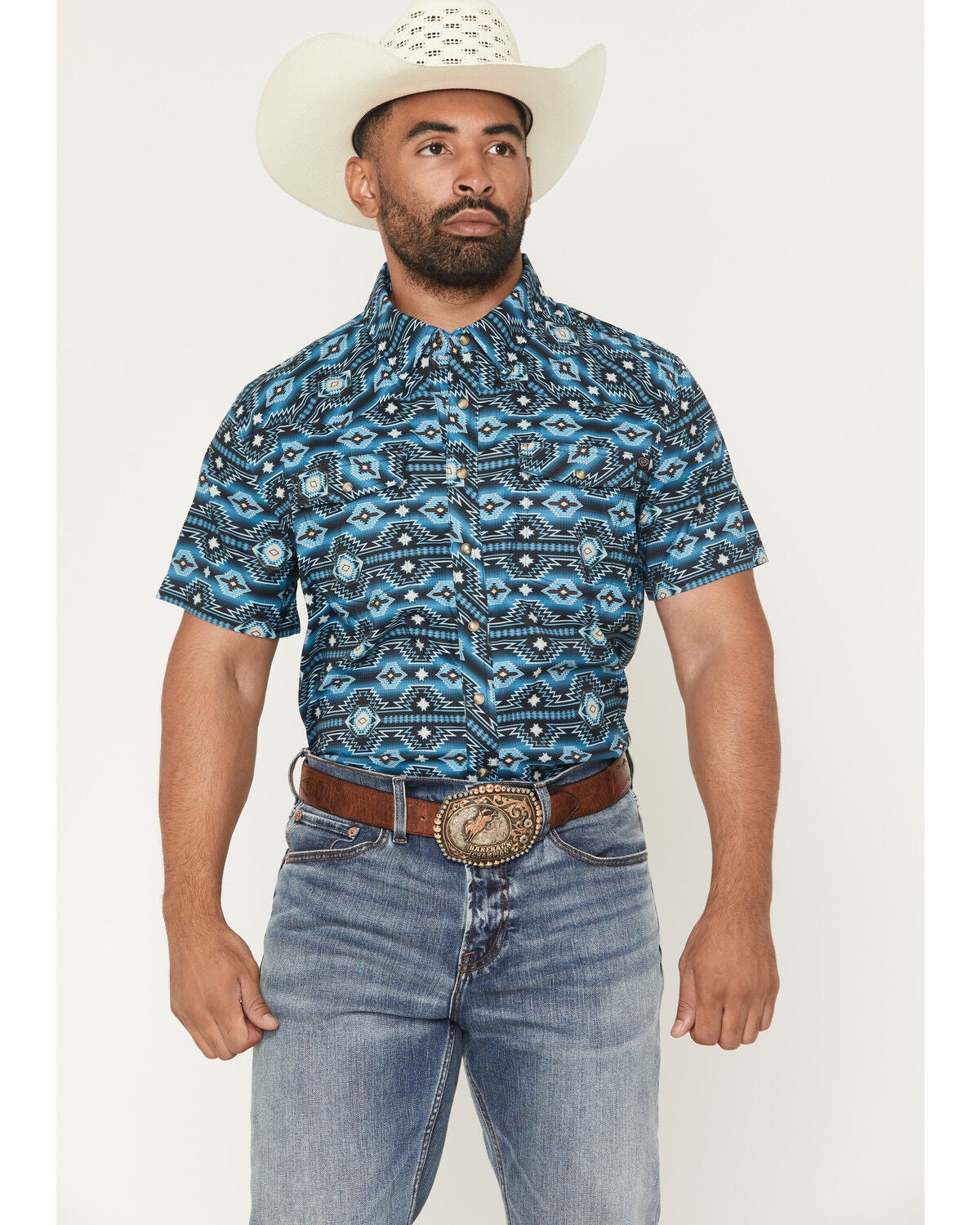 Men's Rock & Roll Denim TEK Southwestern Print Short Sleeve Snap Weste