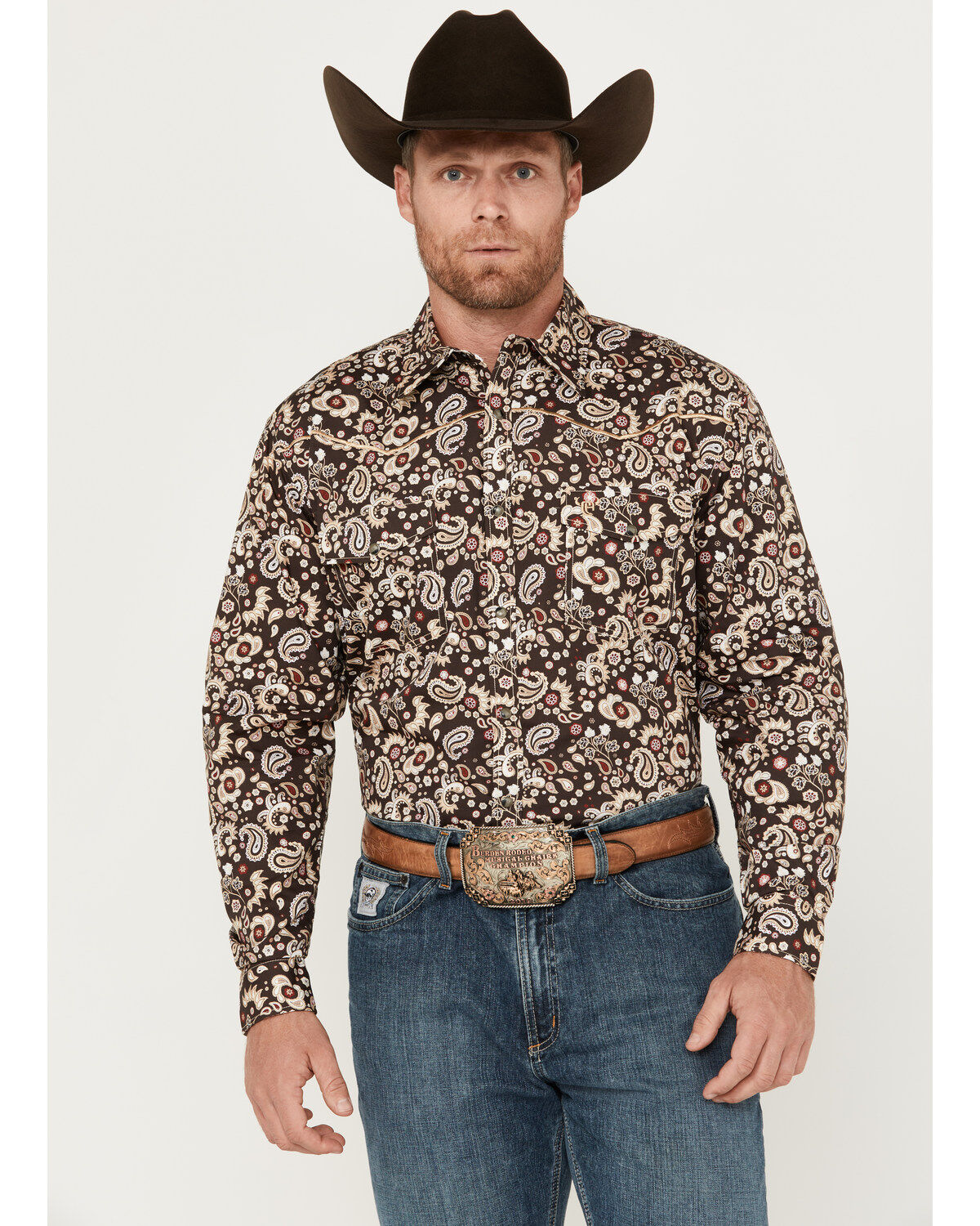 Men's Cowboy Hardware Mixed Paisley Print Long Sleeve Snap Western Shi
