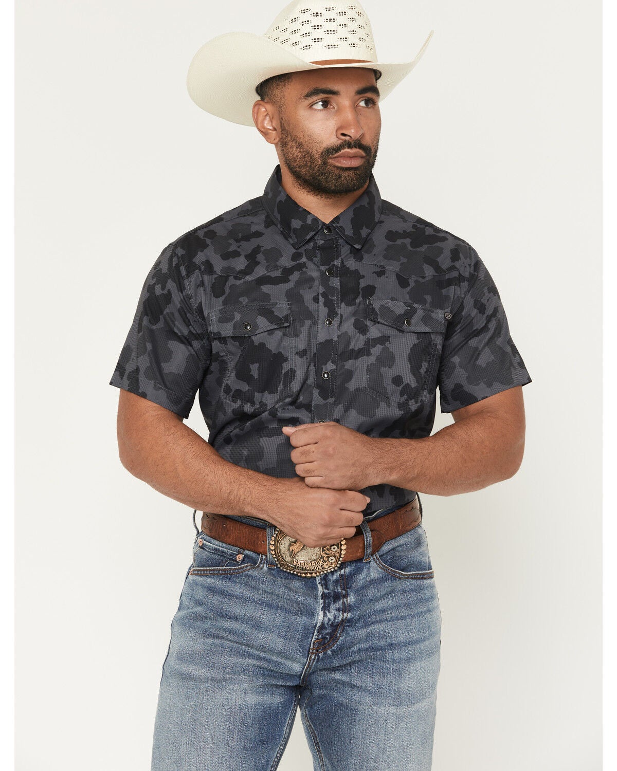 Men's Rock & Roll Denim Tek Camo Print Short Sleeve Snap Stretch Weste