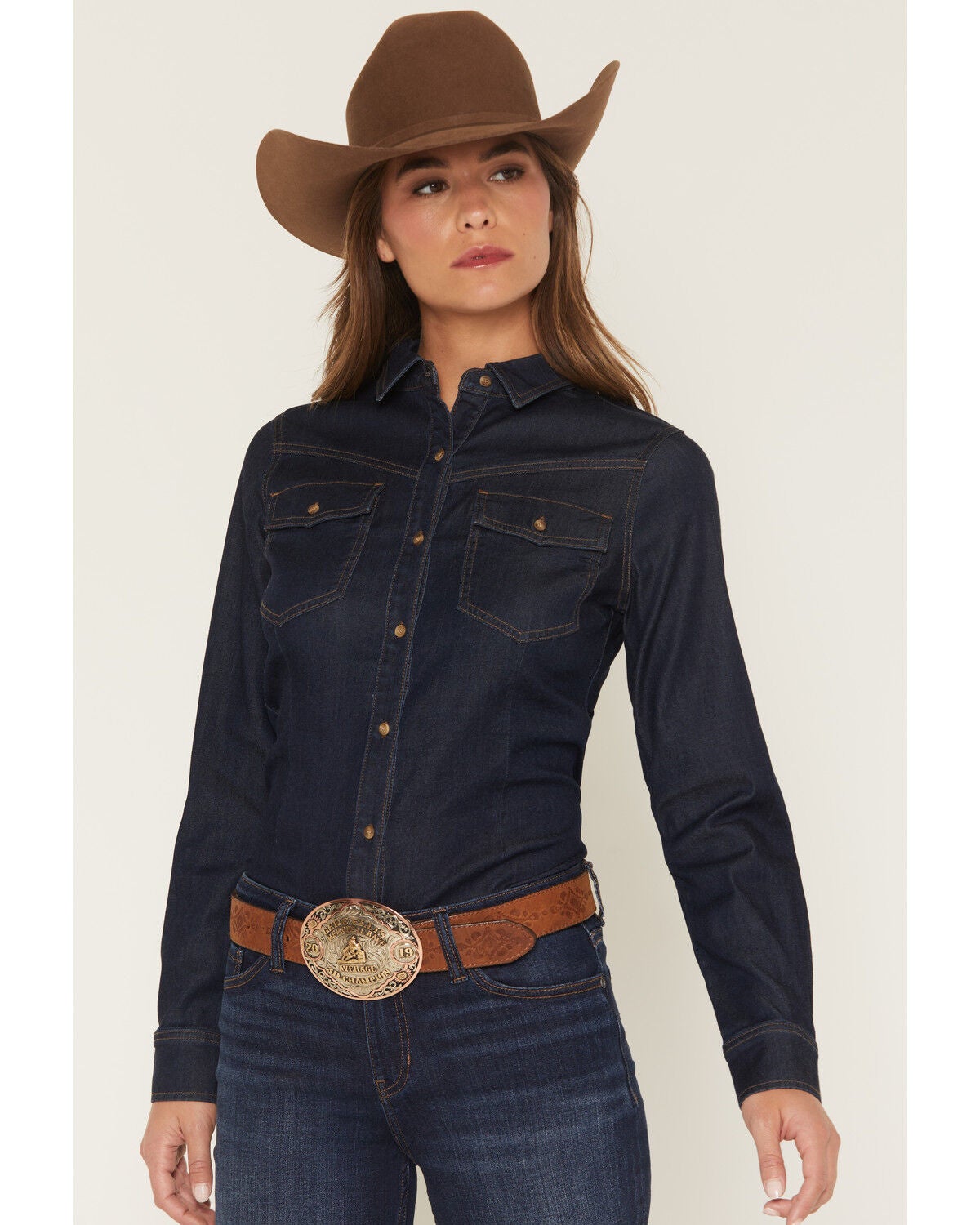 Women's Shyanne Bella Dark Wash Denim Long Sleeve Button-Down Stretch