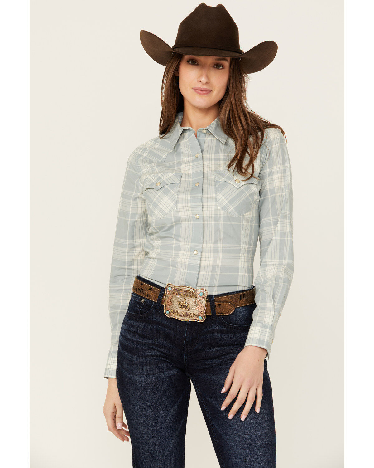Women's Wrangler Retro Plaid Print Long Sleeve Pearl Snap Western Shir
