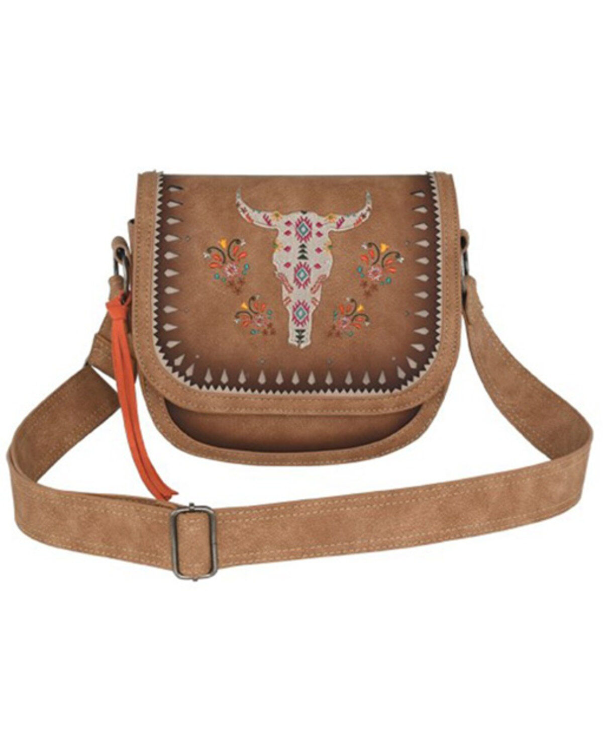 Women's Catchfly Long Horn Skull Embroidered Burnished Crossbody Bag