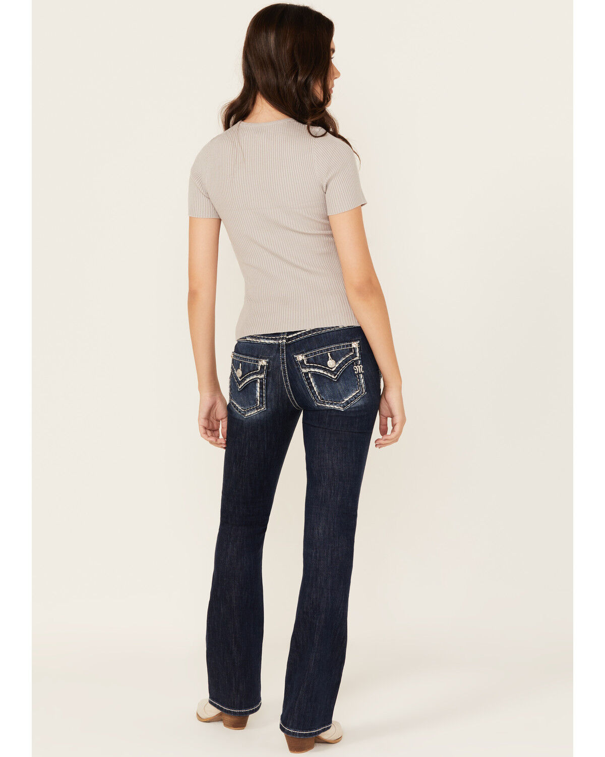 Women's Miss Me Dark Wash Mid Rise Border Pocket Bootcut Stretch Denim