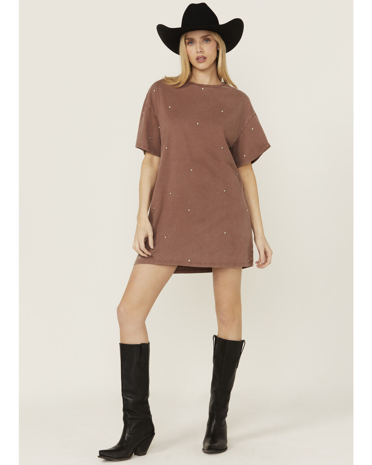Women's Rock & Roll Denim Rhinestone Short Sleeve T-Shirt Mini Dress