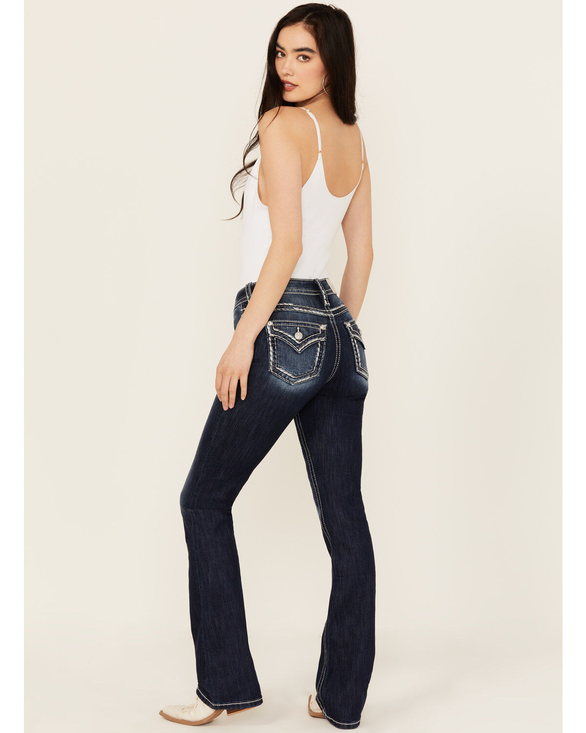 Women's Miss Me Dark Wash Mid Rise Bootcut Stretch Denim Jeans