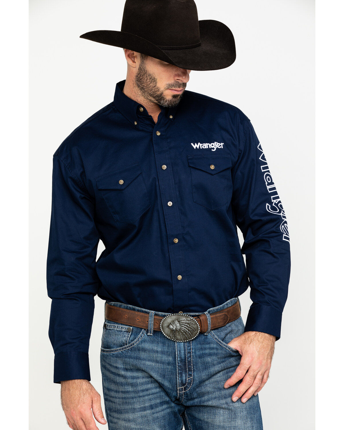 Men's Wrangler Navy Solid Logo Long Sleeve Western Shirt