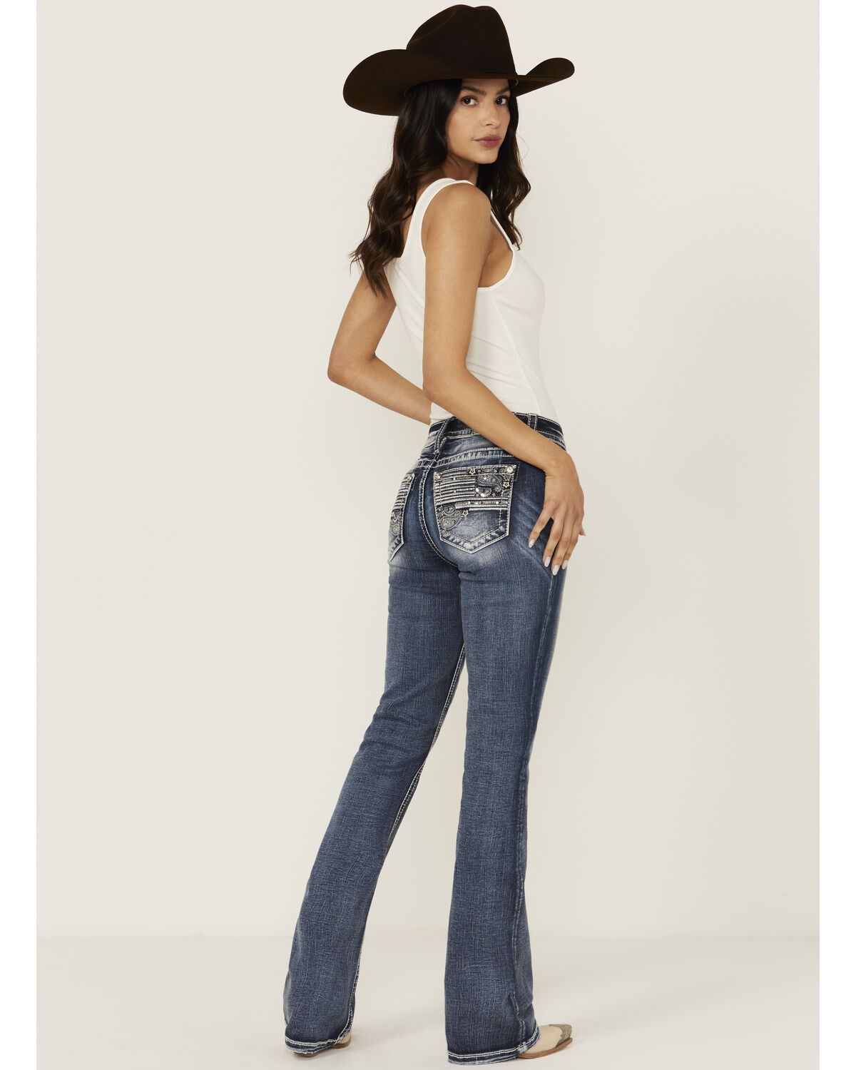 Women's Miss Me Dark Wash Mid Rise Flag Pocket Bootcut Stretch Denim J