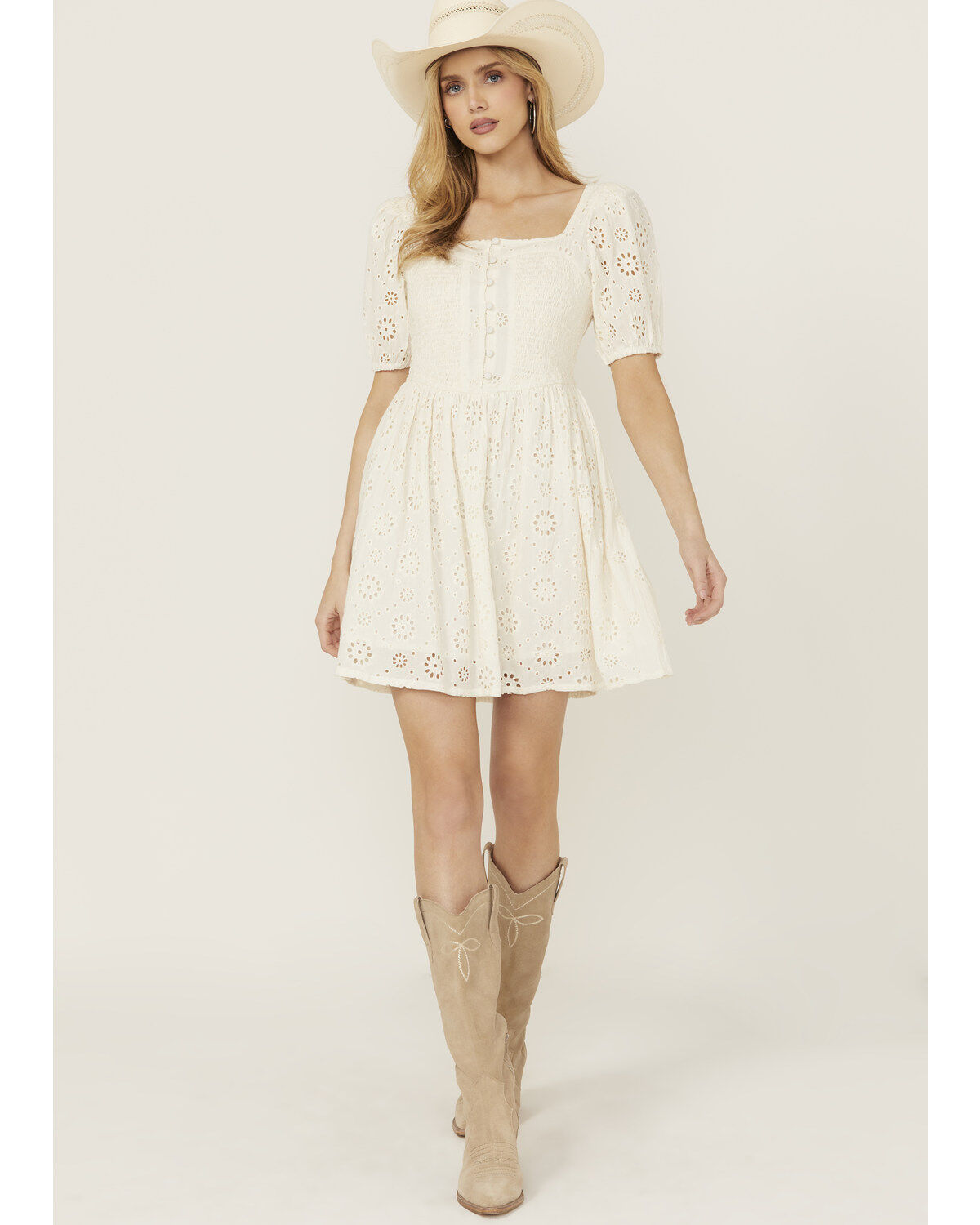 Women's Rock & Roll Denim Eyelet Short Sleeve Mini Dress