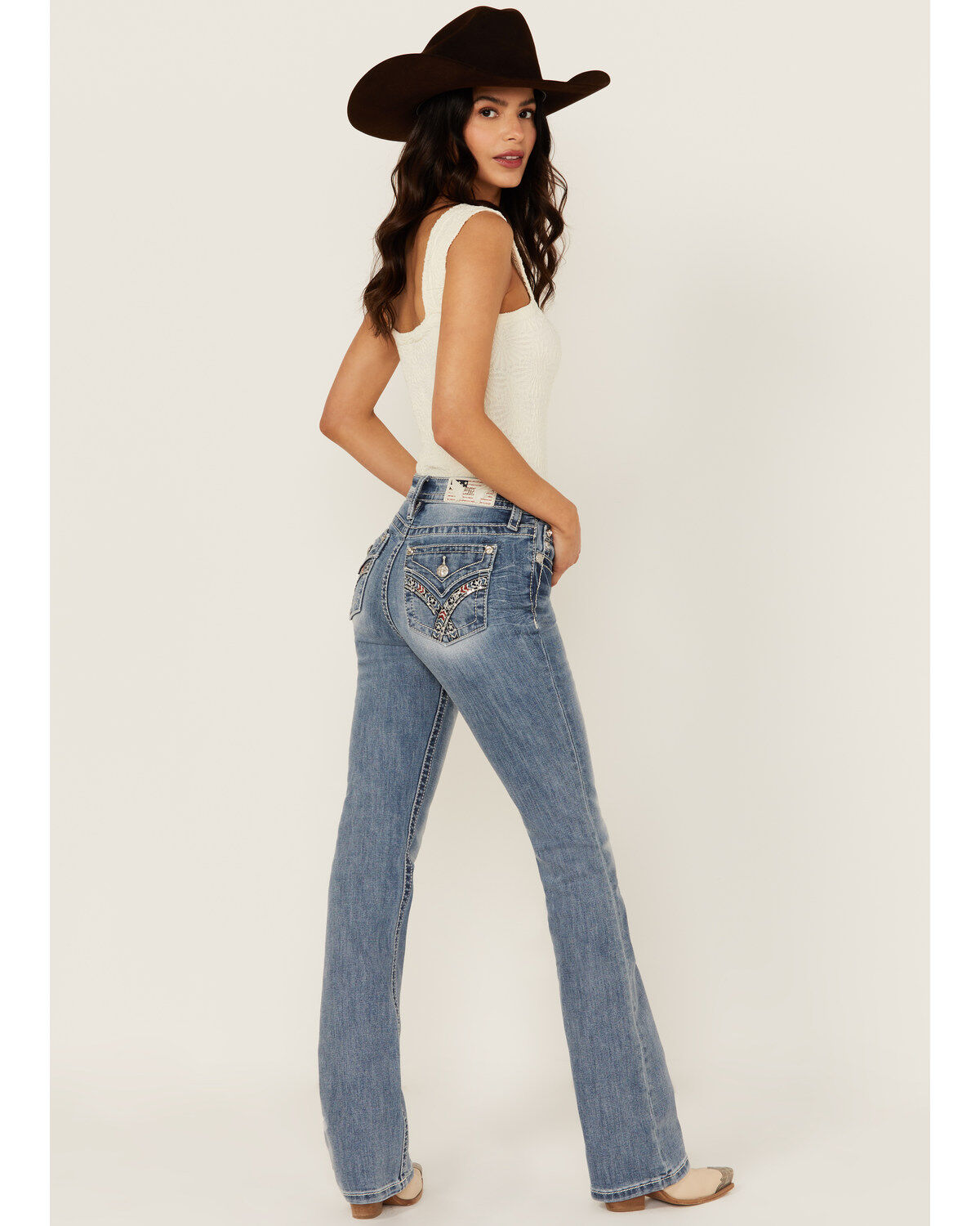 Women's Miss Me Medium Wash Mid Rise Americana Pocket Bootcut Stretch