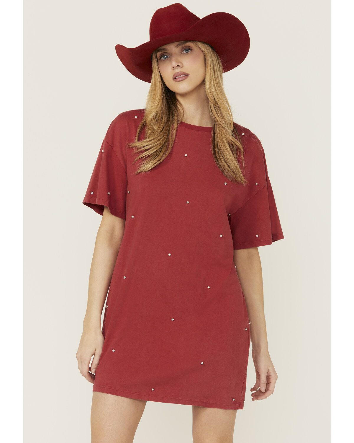 Women's Rock & Roll Denim Rhinestone Short Sleeve T-Shirt Mini Dress
