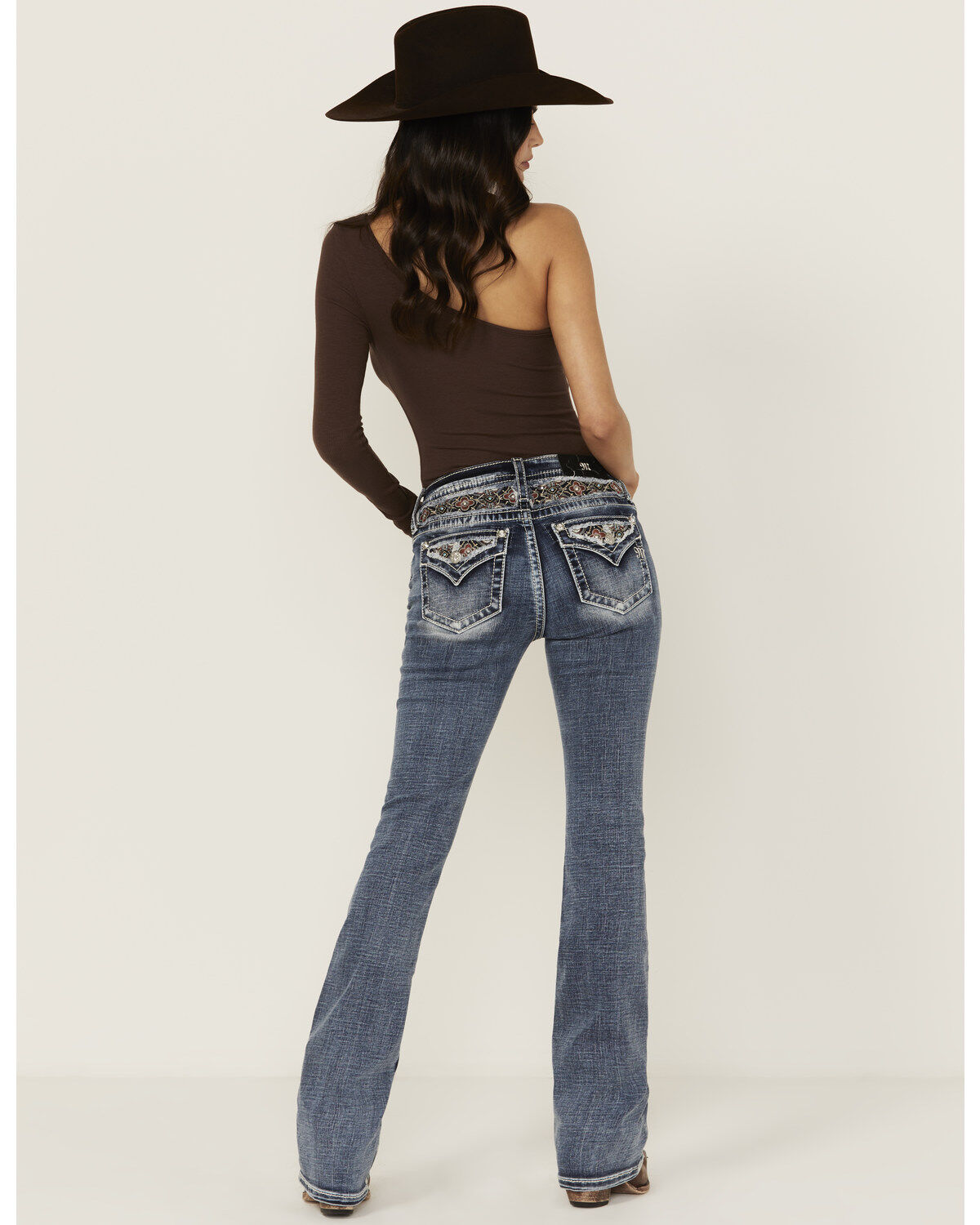 Women's Miss Me Medium Wash Mid Rise Floral Yoke Bootcut Stretch Denim