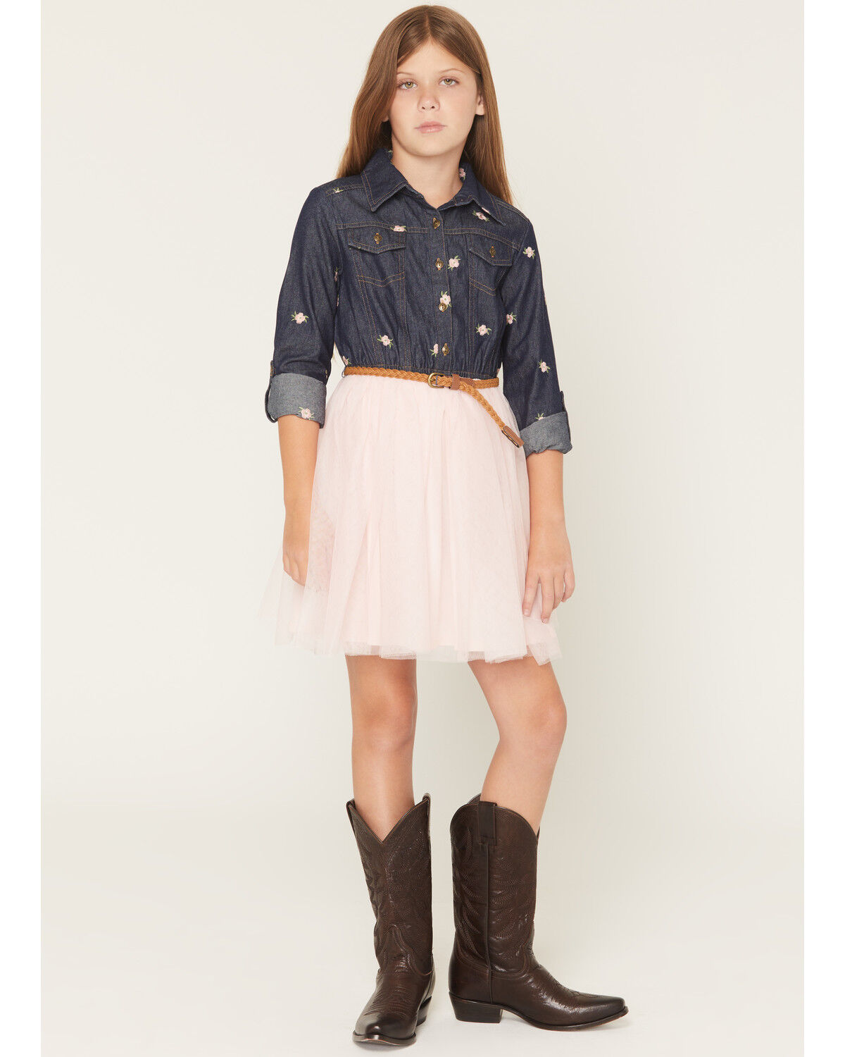 Girls' Sugar California Floral Embroidered Long Sleeve Button-Down Den