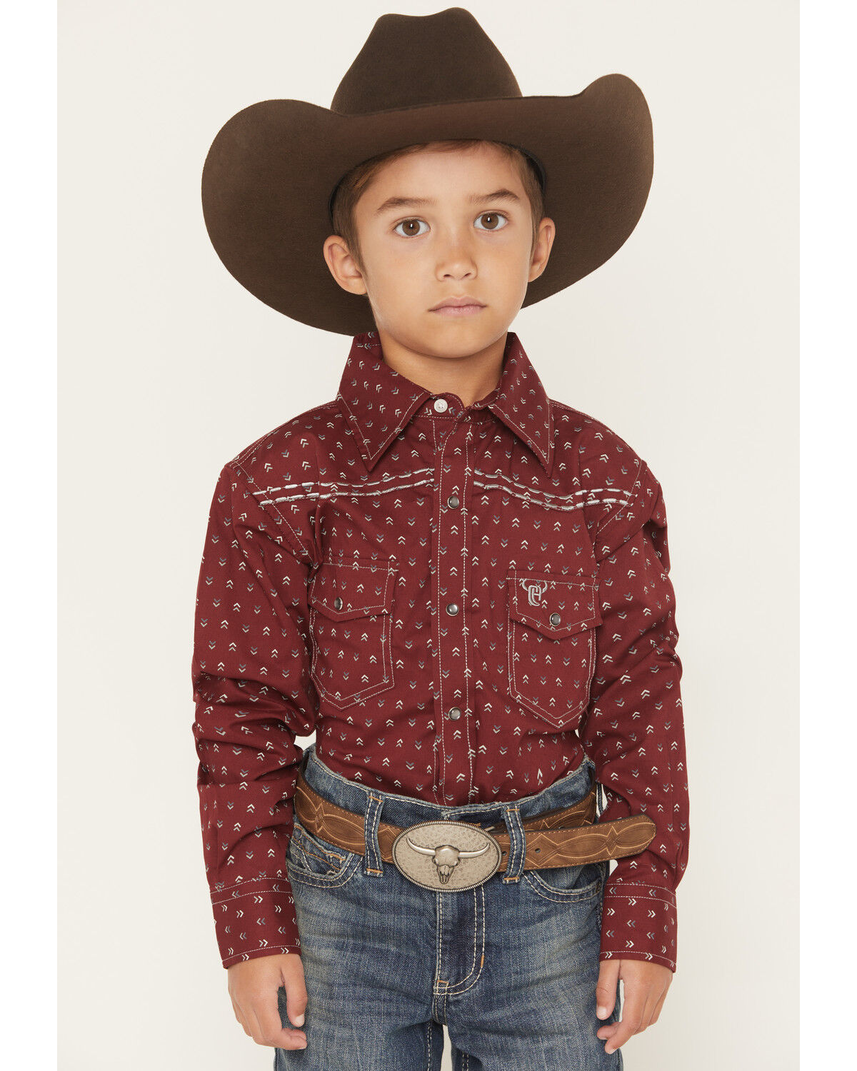 Boys' Cowboy Hardware Geo Print Long Sleeve Pearl Snap Stretch Western