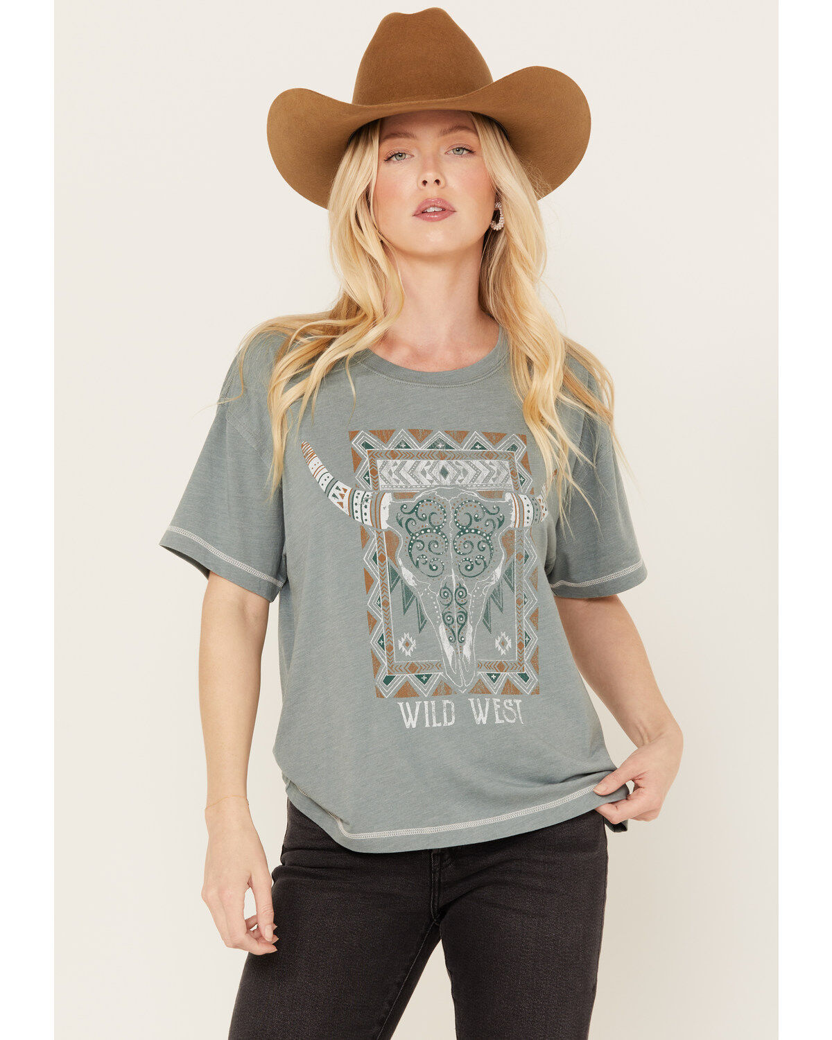 Women's White Crow Wild West Steer Head Skull Short Sleeve Graphic Tee