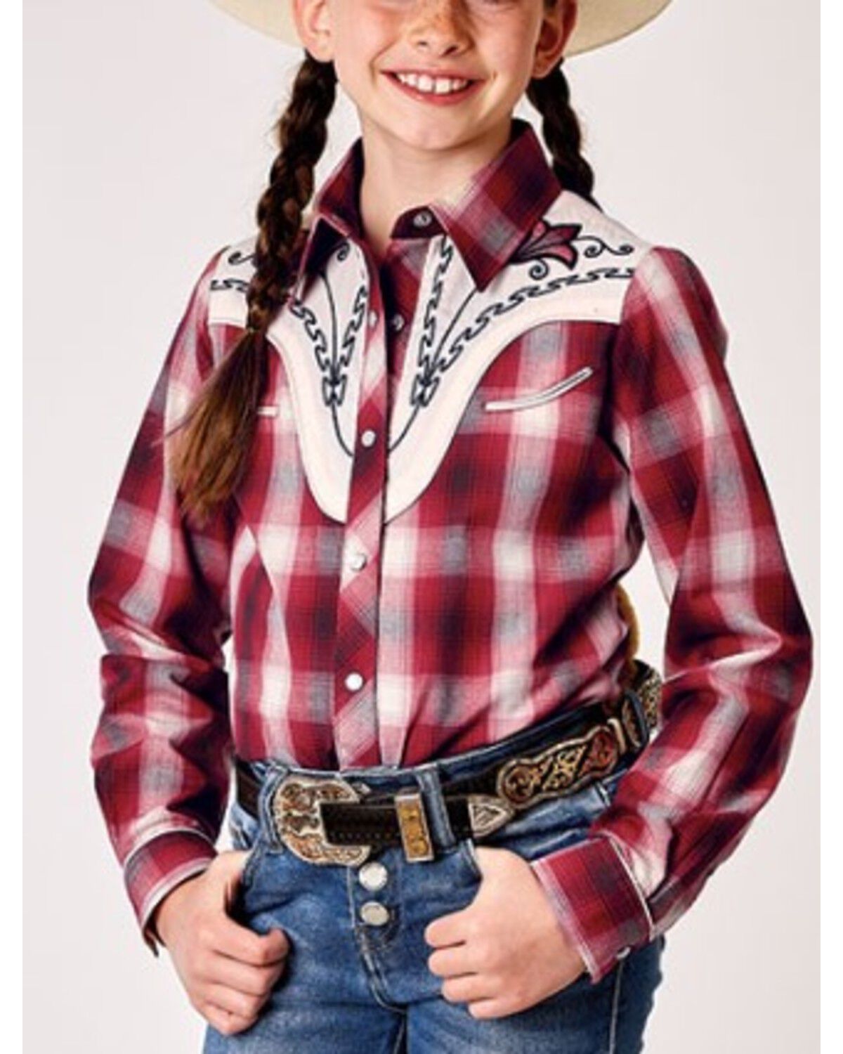 Girls' Roper Plaid Print Embroidered Yoke Long Sleeve Snap Western Shi