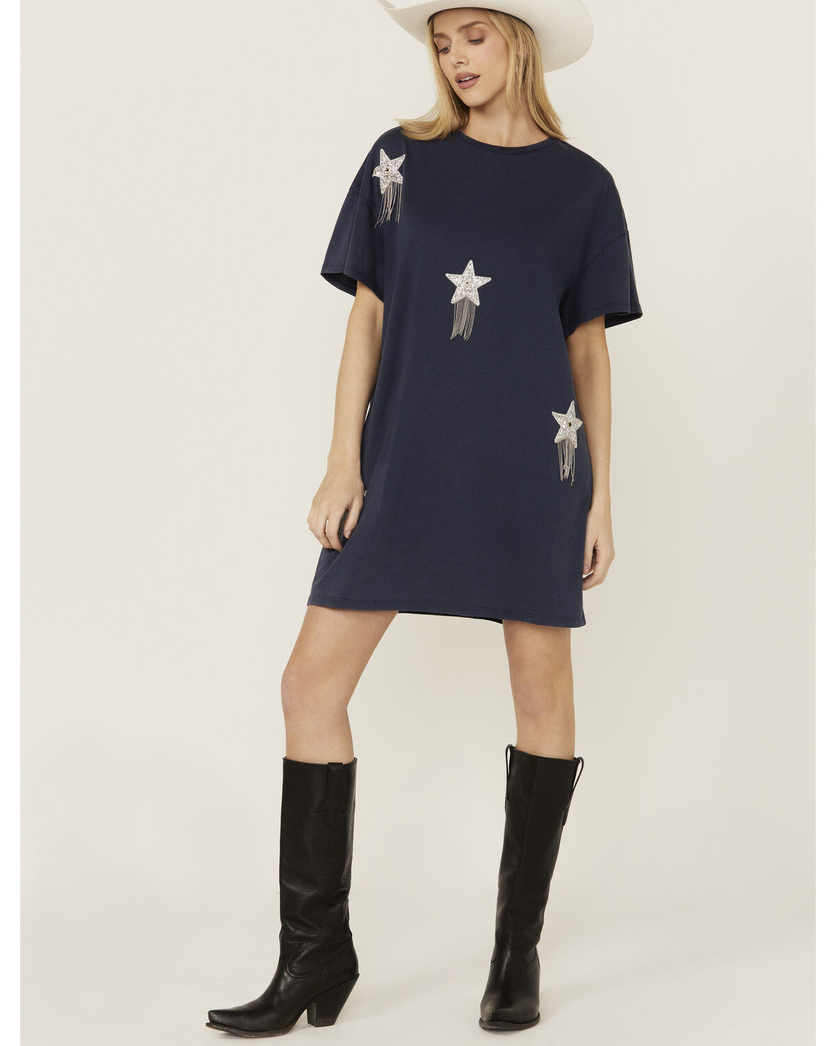 Women's Rock & Roll Denim Sequins Star Short Sleeve T-Shirt Mini Dress