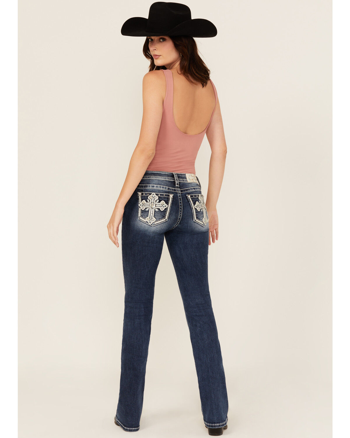 Women's Miss Me Dark Wash Mid Rise Cross Pocket Bootcut Stretch Denim