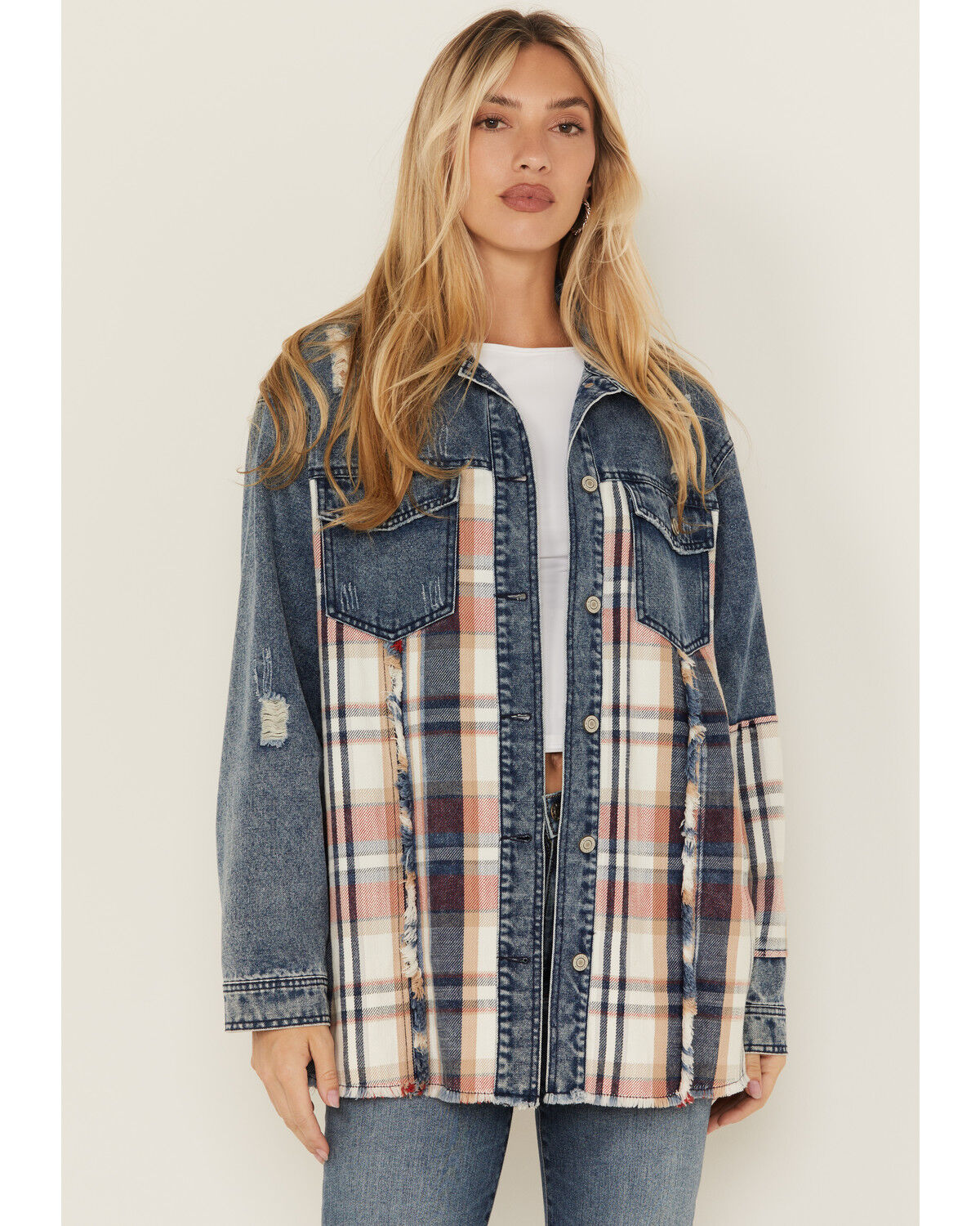 Women's 26 International Plaid Print Long Sleeve Button-Down Denim Sha