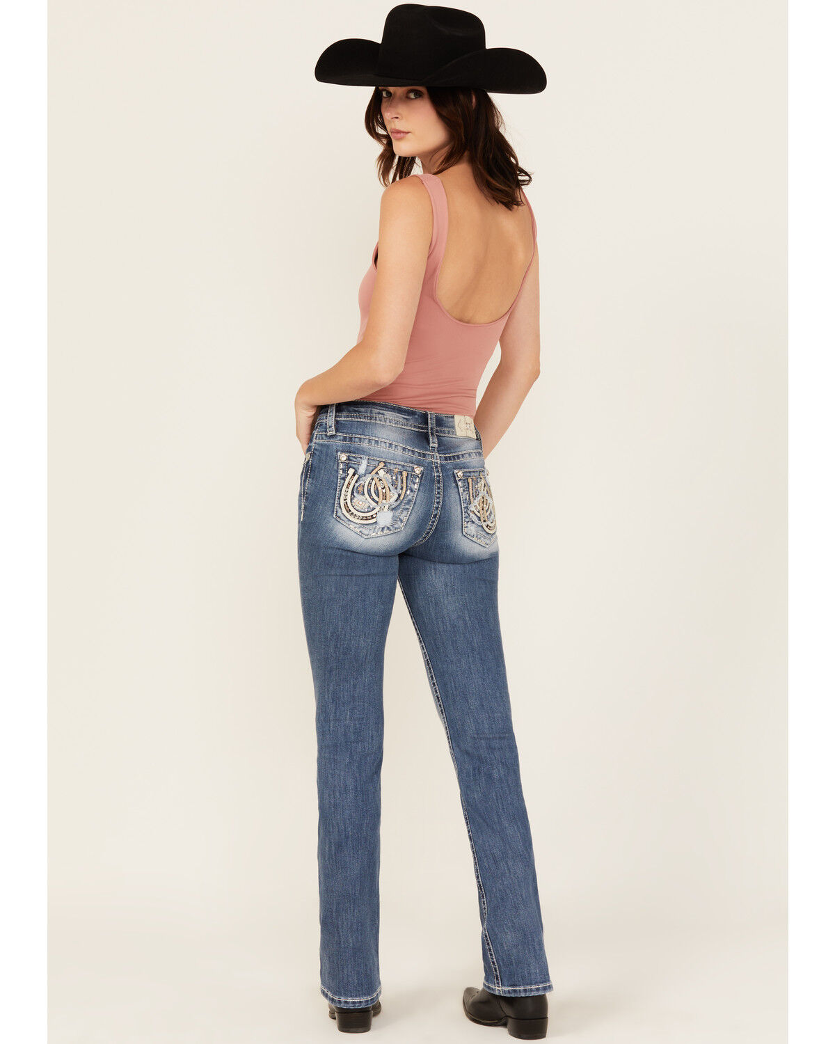 Women's Miss Me Medium Wash Mid Rise Horseshoe Pocket Bootcut Stretch
