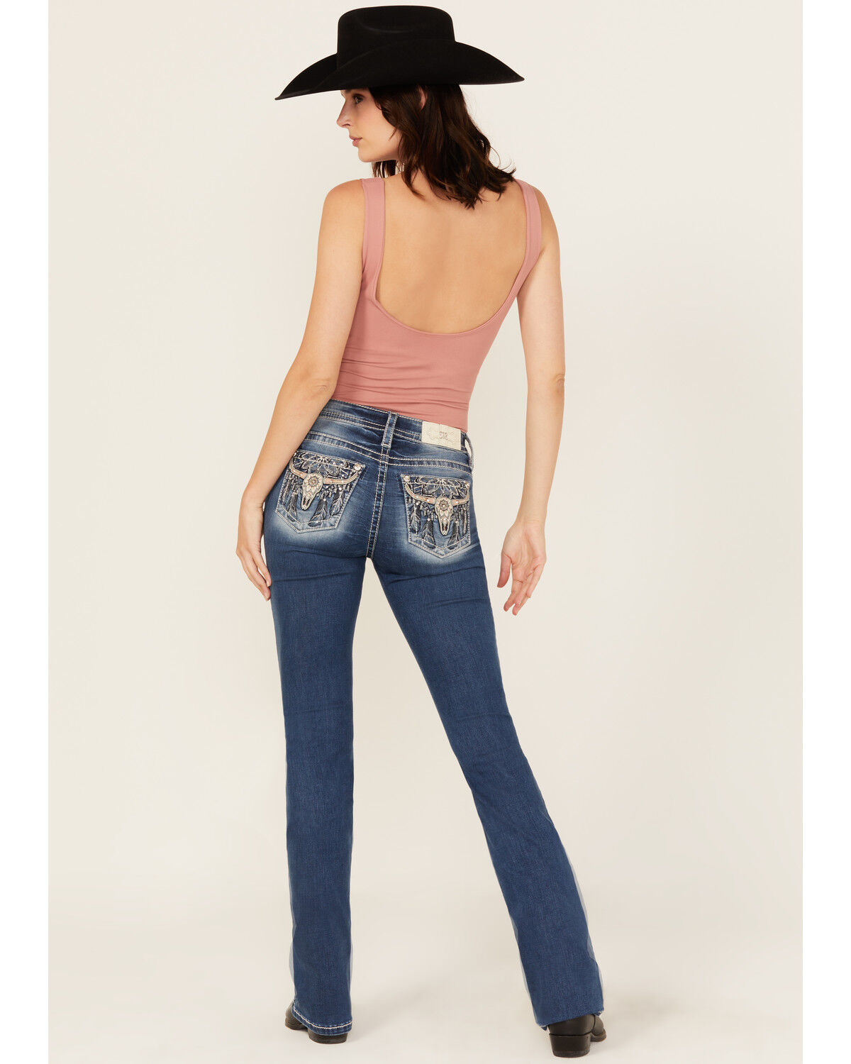 Women's Miss Me Medium Wash Mid Rise Steer Head Bootcut Stretch Denim