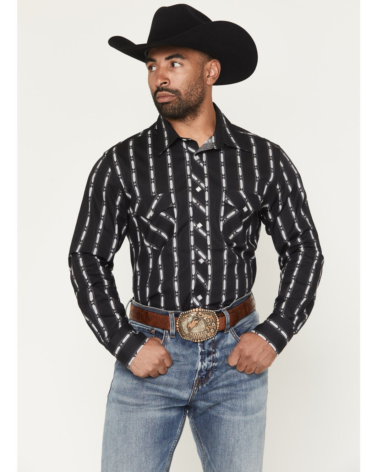 Men's Rock & Roll Denim Striped Print Long Sleeve Snap Stretch Western