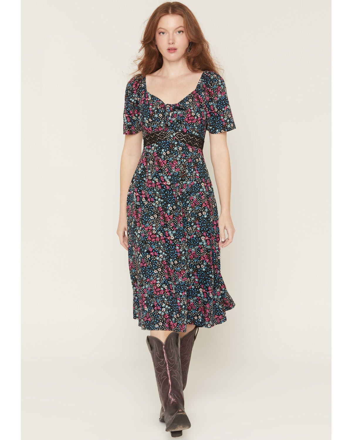 Women's Idyllwind Dudley Floral Print Short Sleeve Tie-Front Midi Dres