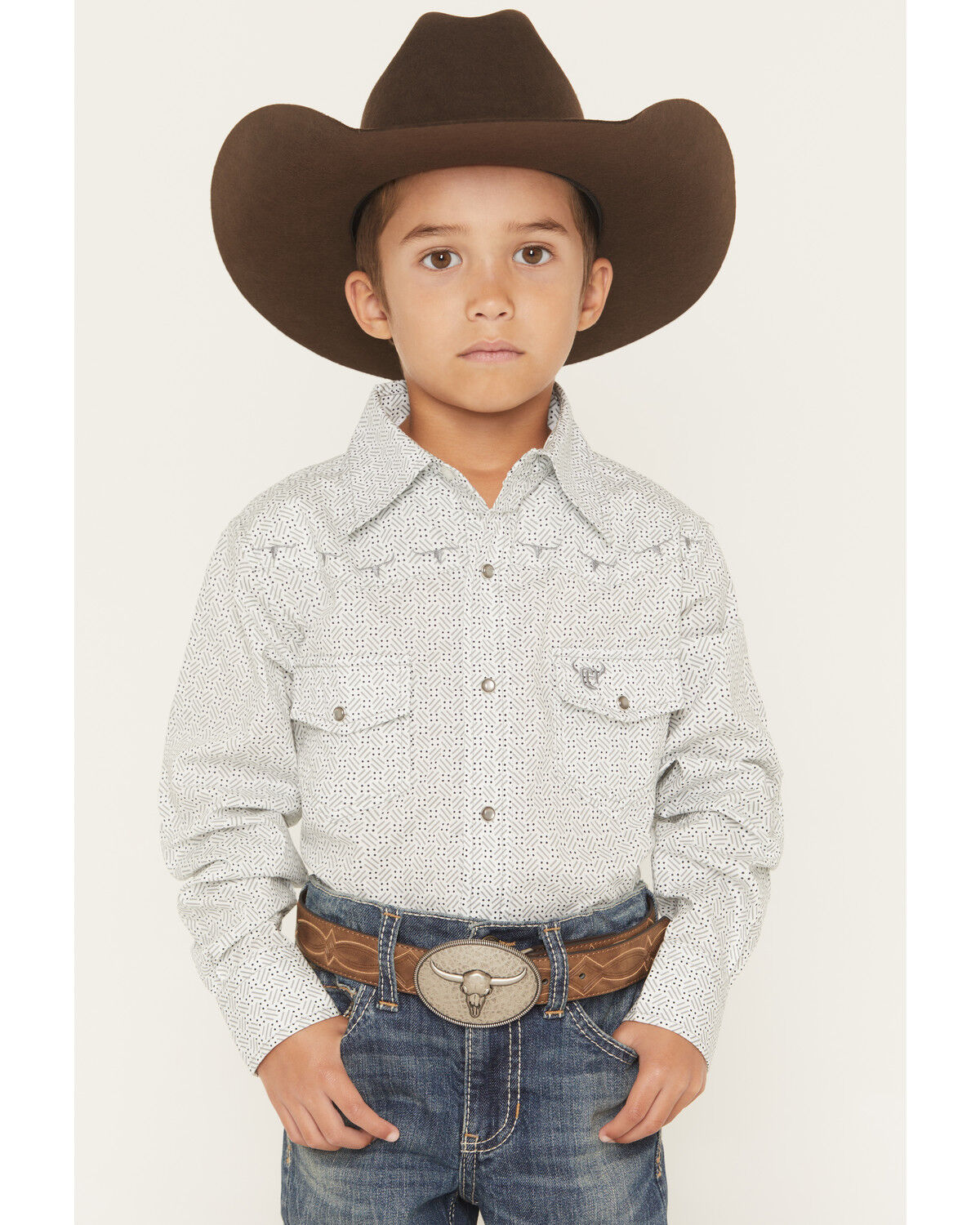 Boys' Cowboy Hardware Geo Print Long Sleeve Pearl Snap Stretch Western