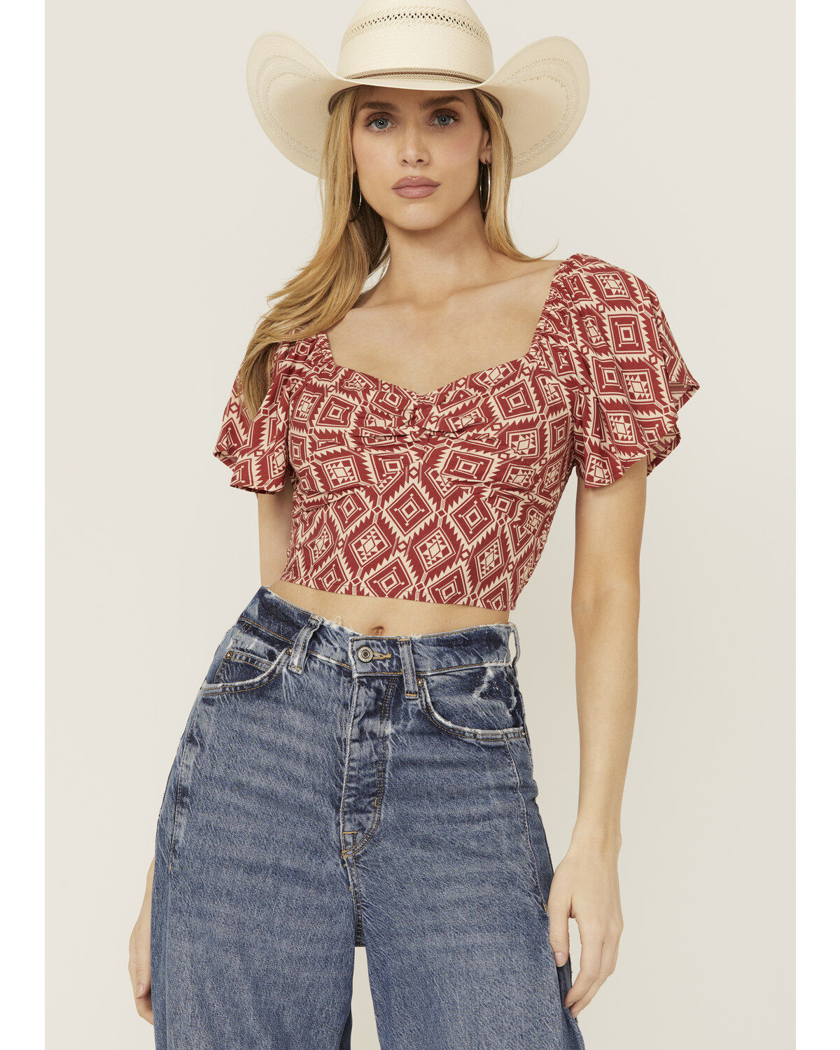 Women's Rock & Roll Denim Southwestern Print Flutter Short Sleeve Top