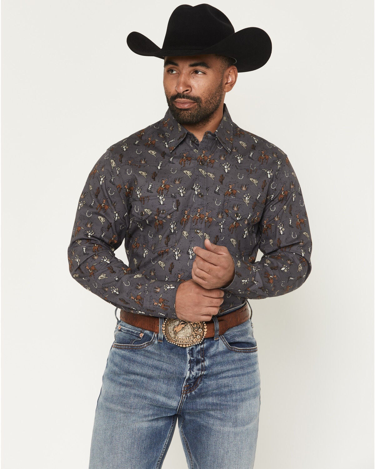 Men's Rock & Roll Denim Conversation Print Long Sleeve Snap Stretch We