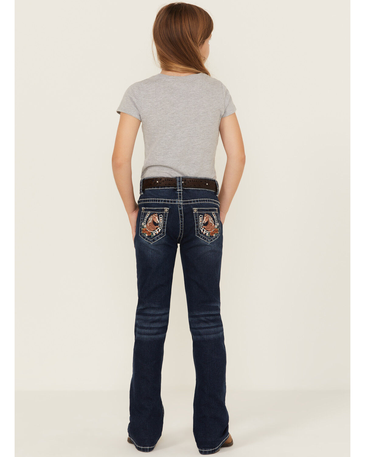 Girls' Shyanne Dark Wash Horseshoe Pocket Bootcut Stretch Denim Jeans