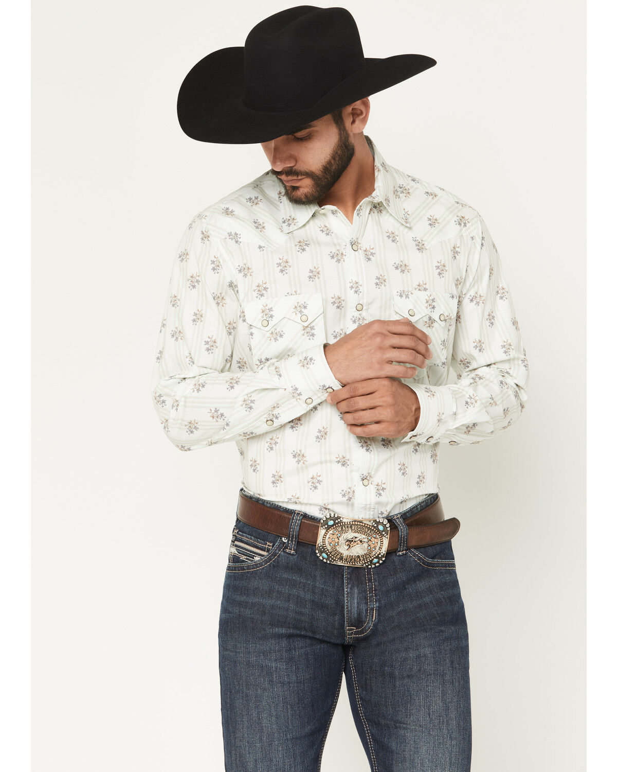 Men's Rock & Roll Denim Floral Print Long Sleeve Snap Stretch Western