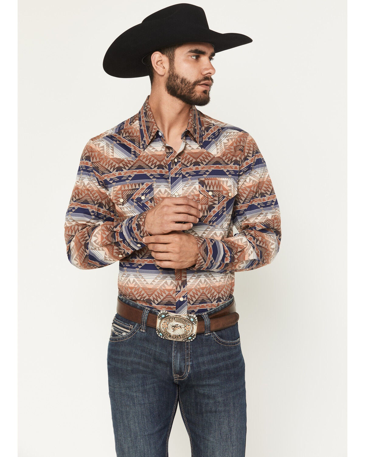 Men's Rock & Roll Denim Southwestern Print Long Sleeve Snap Stretch We
