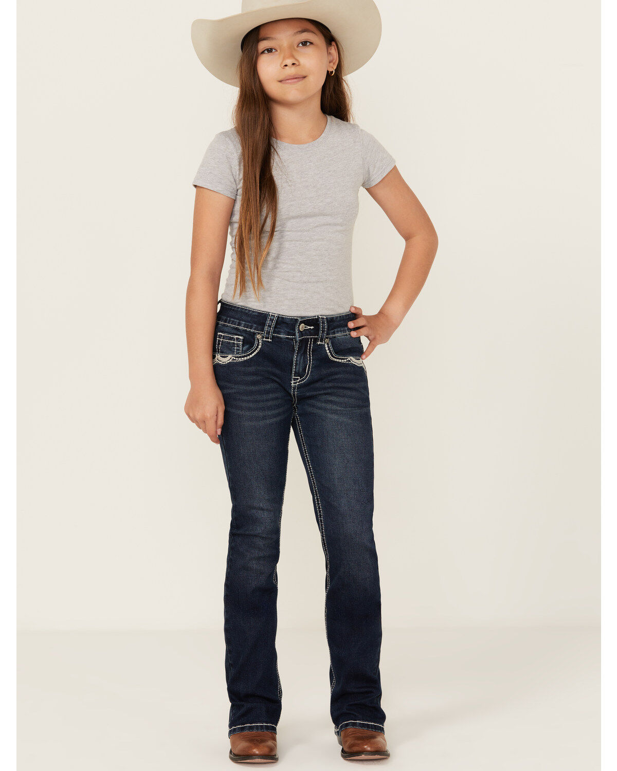 Girls' Shyanne Dark Wash Lace Pockets Bootcut Stretch Denim Jeans