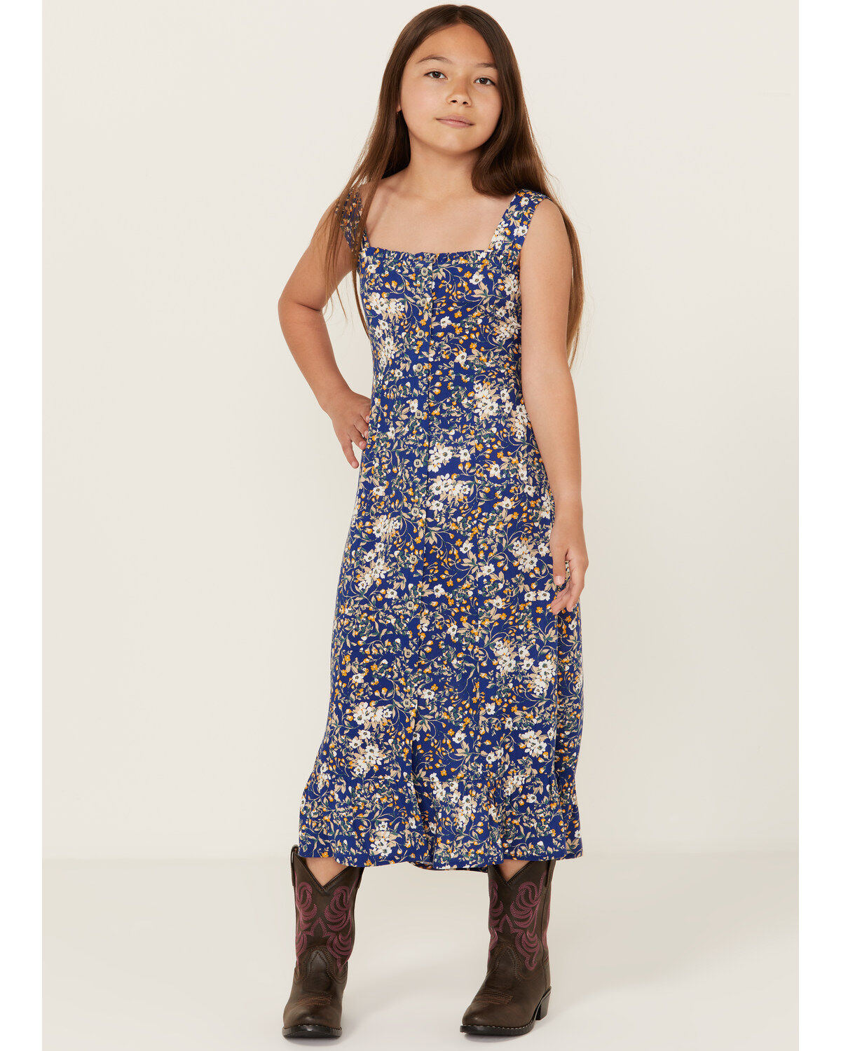 Girls' Cotton & Rye Floral Print Button-Down Maxi Dress
