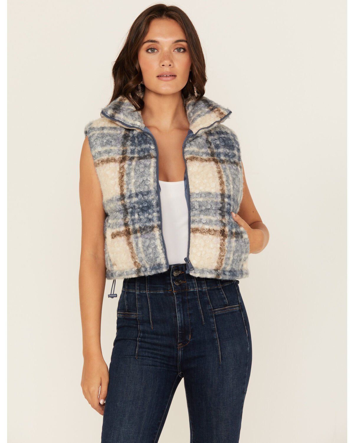 Women's Stooch Plaid Print Zip-Up Cropped Puffer Vest
