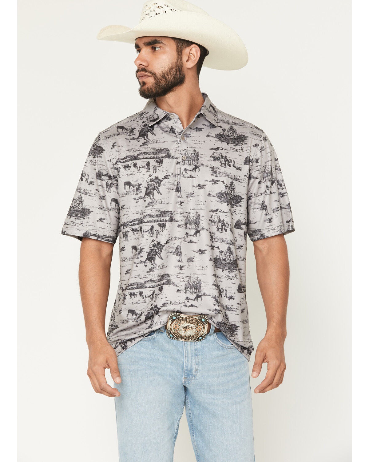Men's CInch Cowboy Print Short Sleeve Button-Down Stretch Polo Shirt
