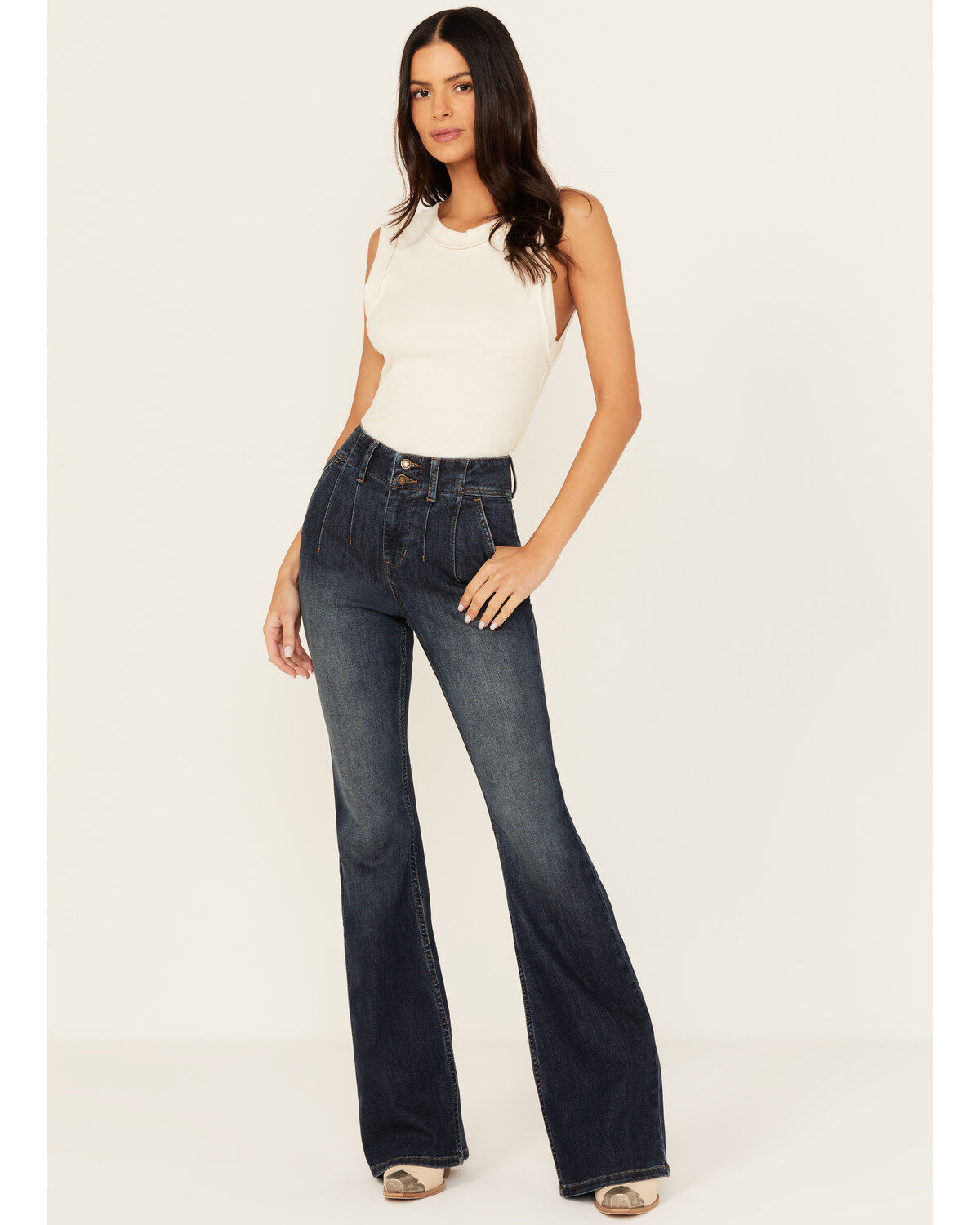 Women's Shyanne Bellflower Dark Wash Darted Waist Comfort Stretch Flar