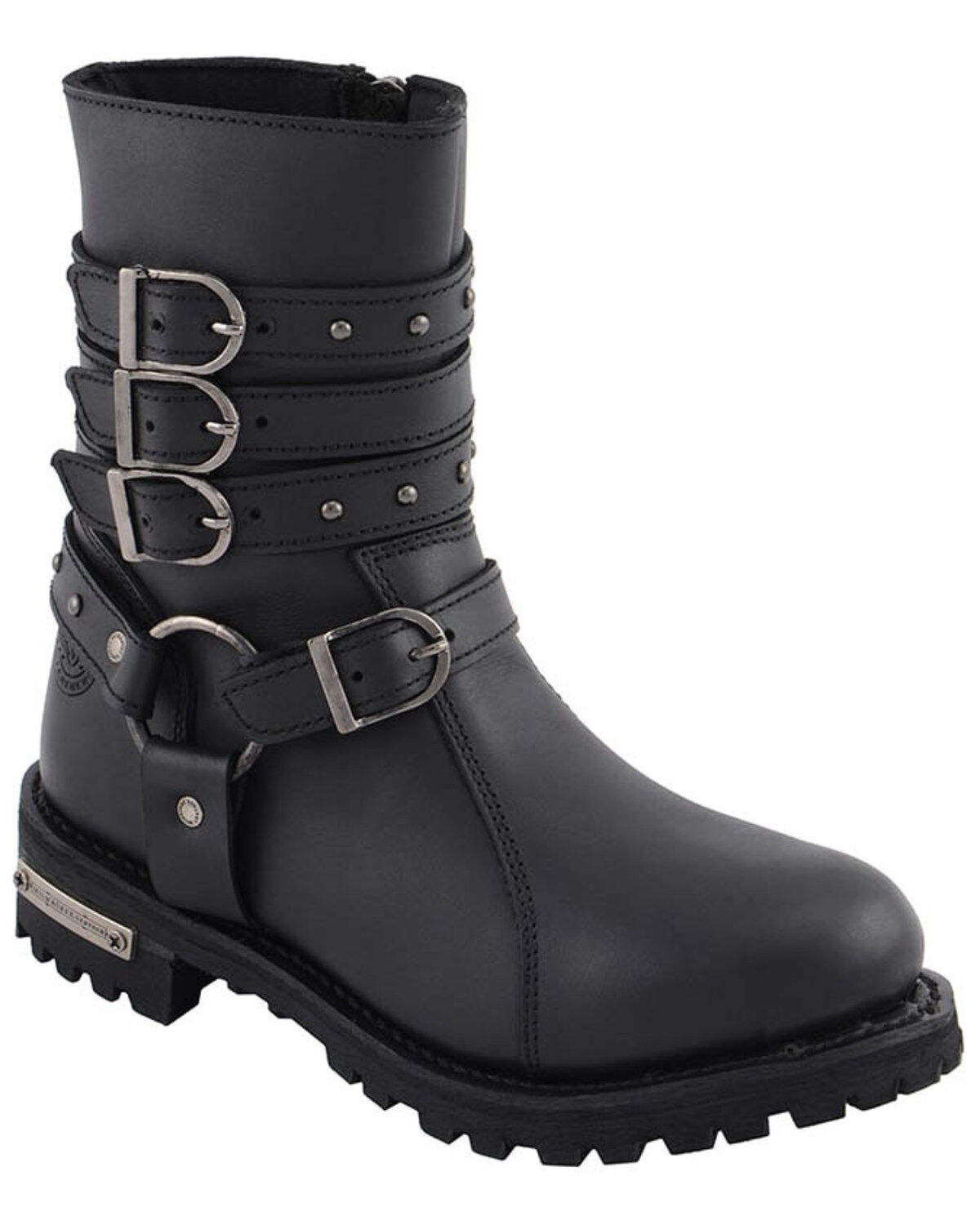 Women's Milwaukee Leather Triple Buckle Harness Moto Boots - Round Toe