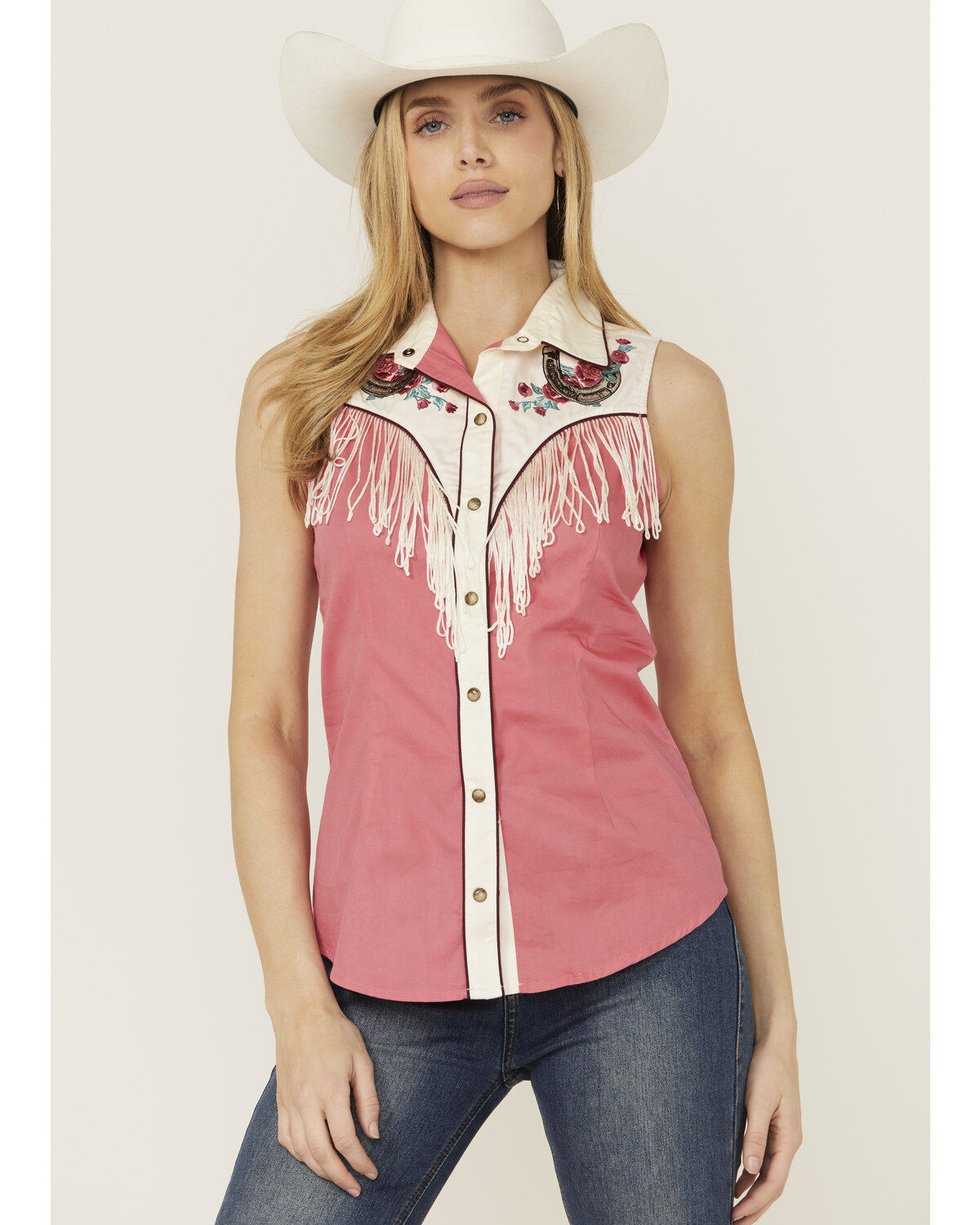 Women's Rock & Roll Denim Horseshoe Floral Fringe Sleeveless Snap West