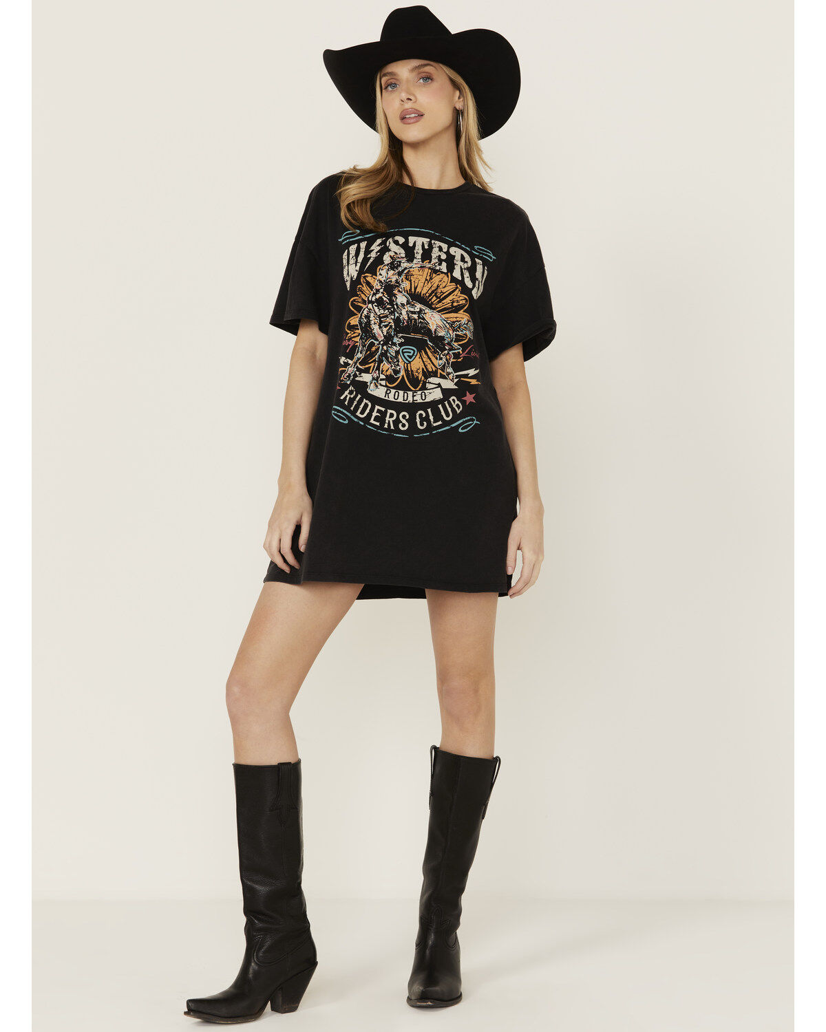 Women's Rock & Roll Denim Bull Short Sleeve Graphic T-Shirt Mini Dress