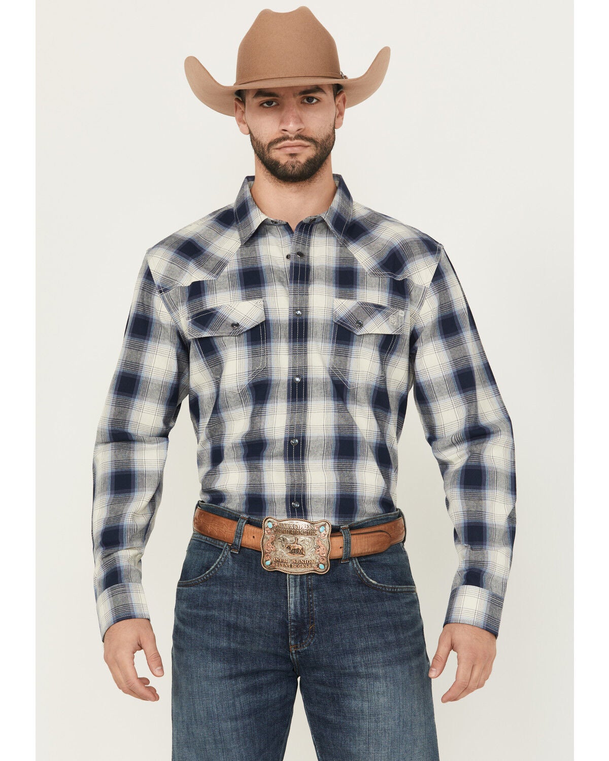 Men's Blue Ranchwear Aster Plaid Print Long Sleeve Snap Western Shirt