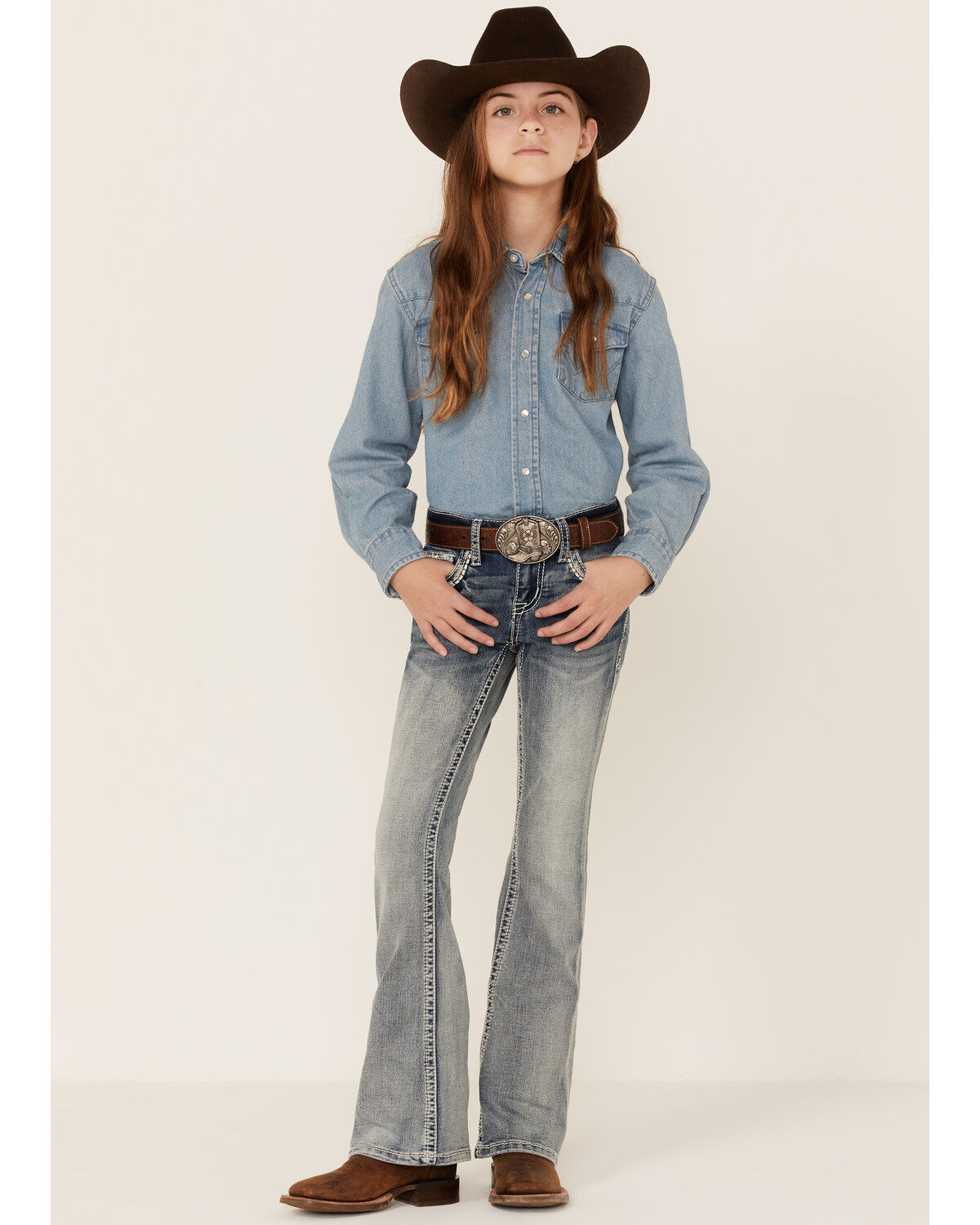 Girls' Grace In LA Medium Wash Border Pocket Bootcut Jeans
