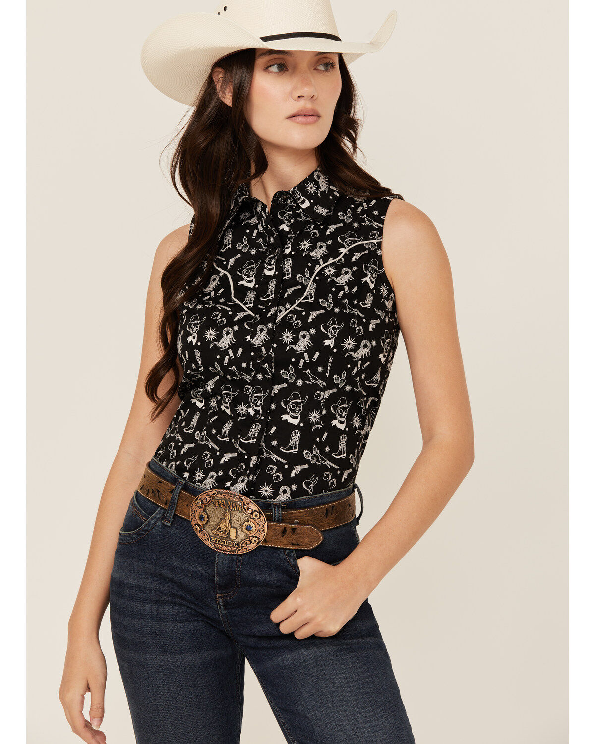 Women's Rock & Roll Denim Tattoo Print Sleeveless Snap Western Shirt