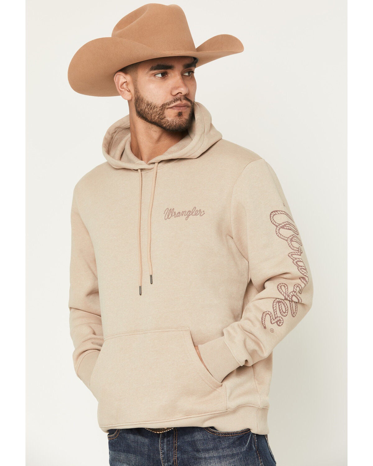 Wrangler Men’s Logo Graphic Hooded Sweatshirt in Tan – Long Sleeve Pullover Hoodie with Roped Logo, Size XXL