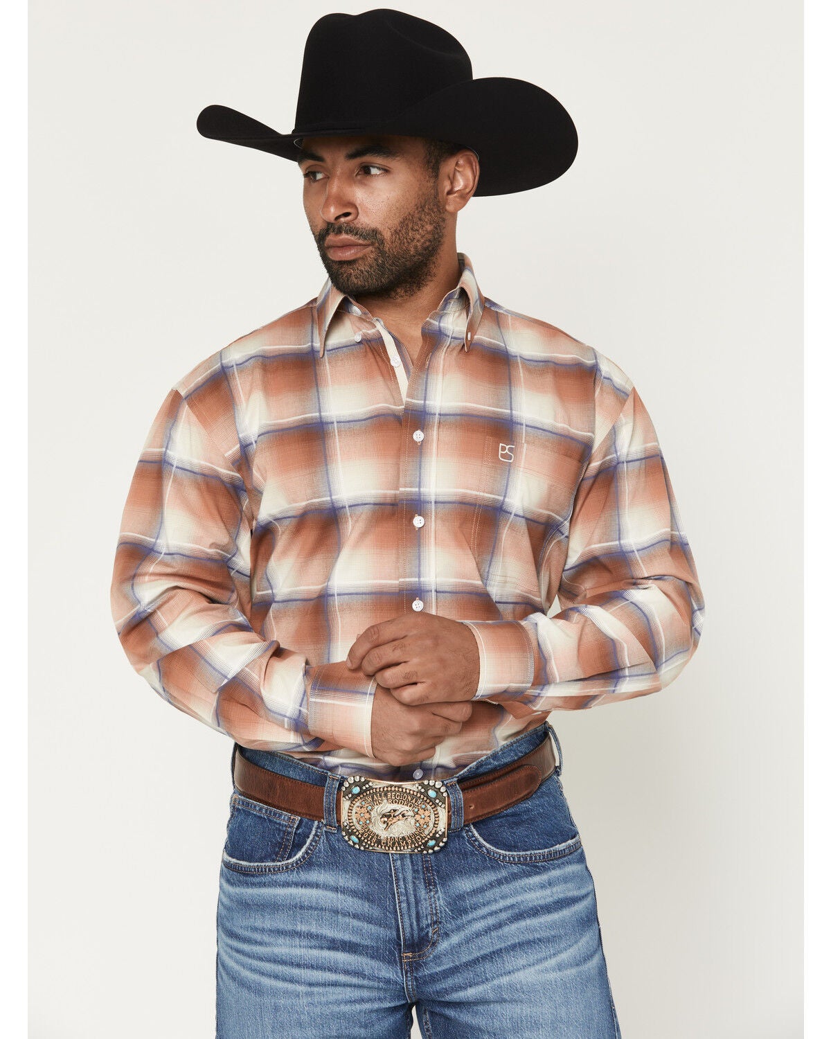 Men's Panhandle Slim Plaid Print Long Sleeve Button-Down Stretch Weste